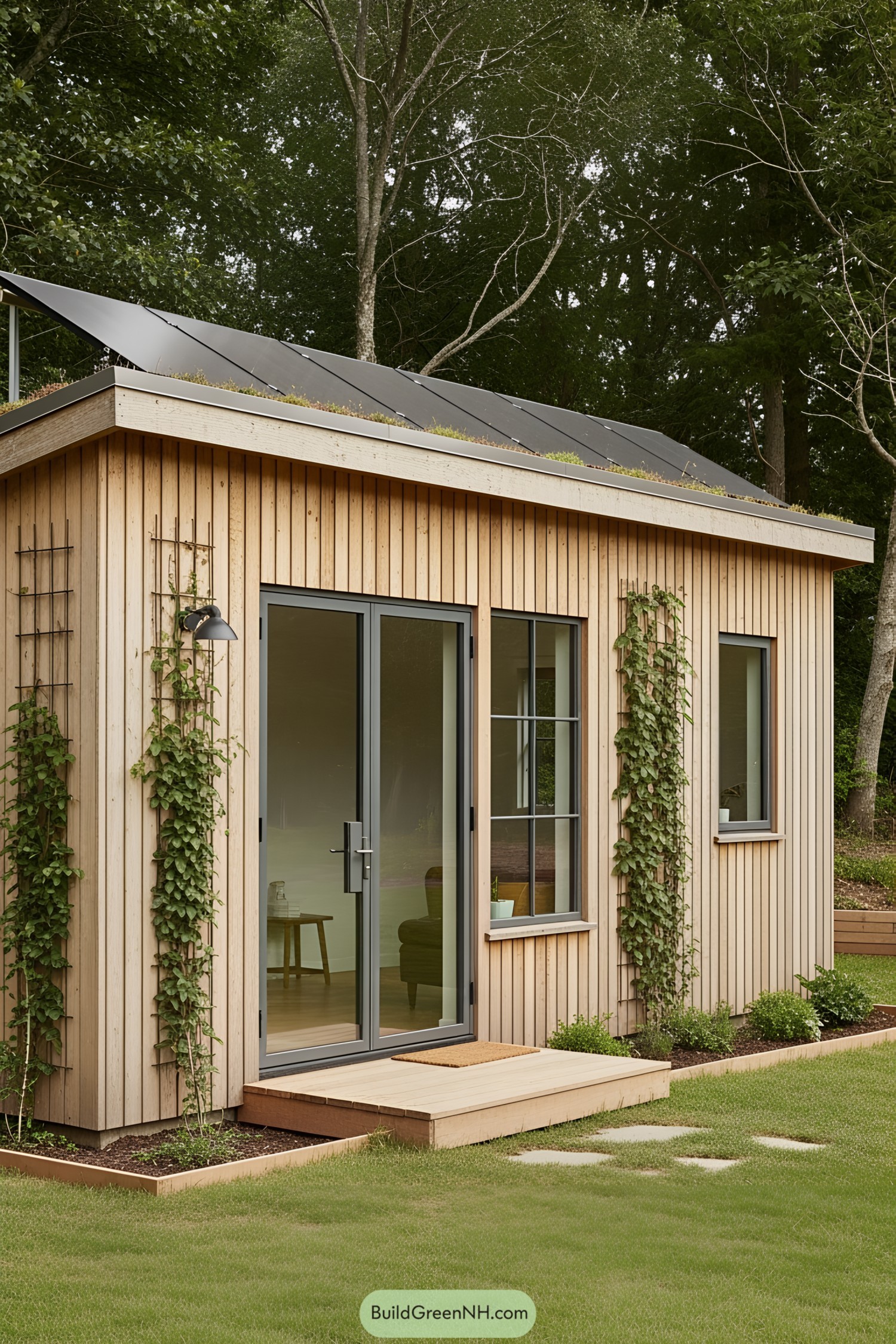 Cozy wooden shed with solar panels