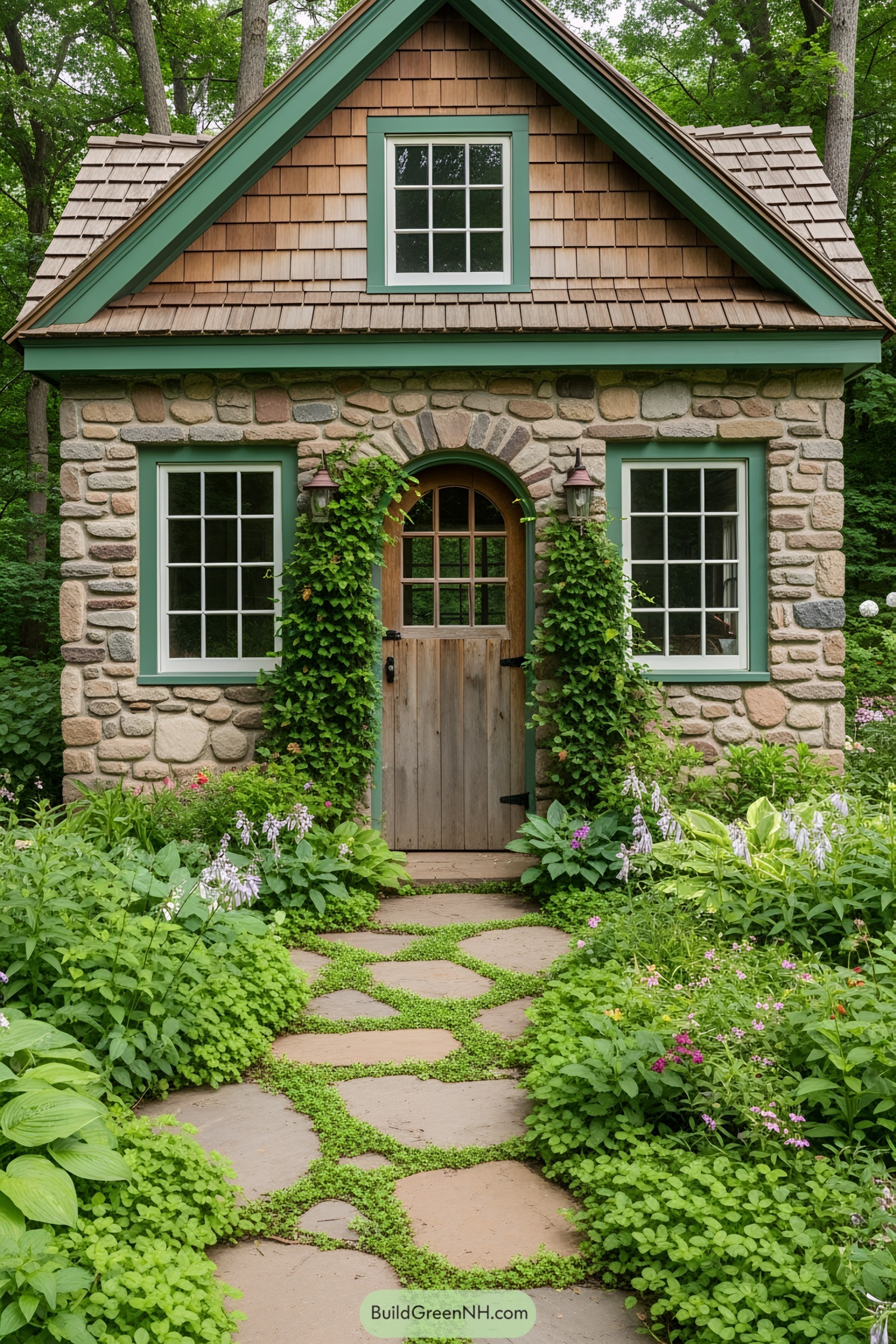Cute stone cottage surrounded by lush greenery