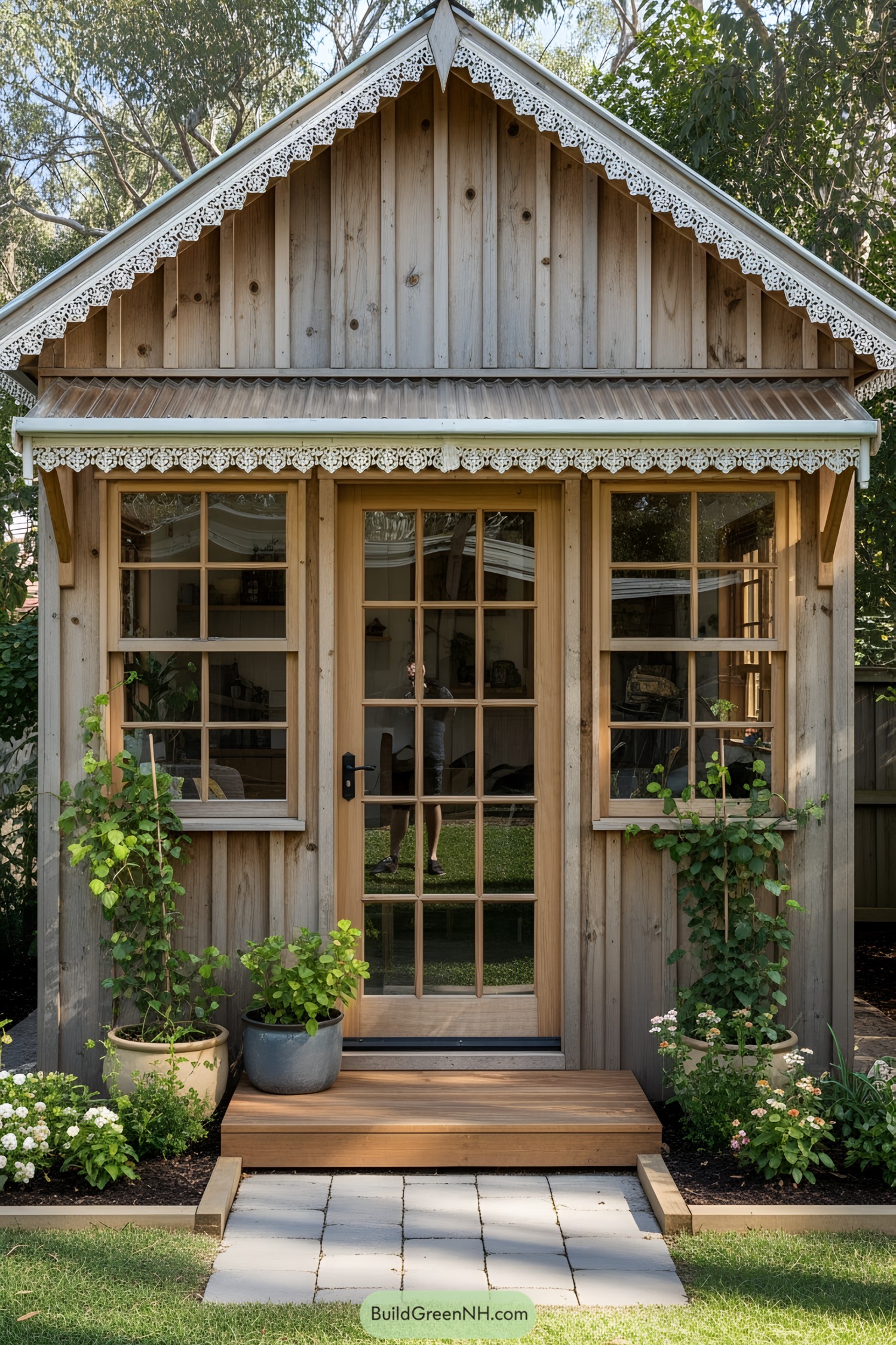 Small wooden shed with charming decoration and potted plants