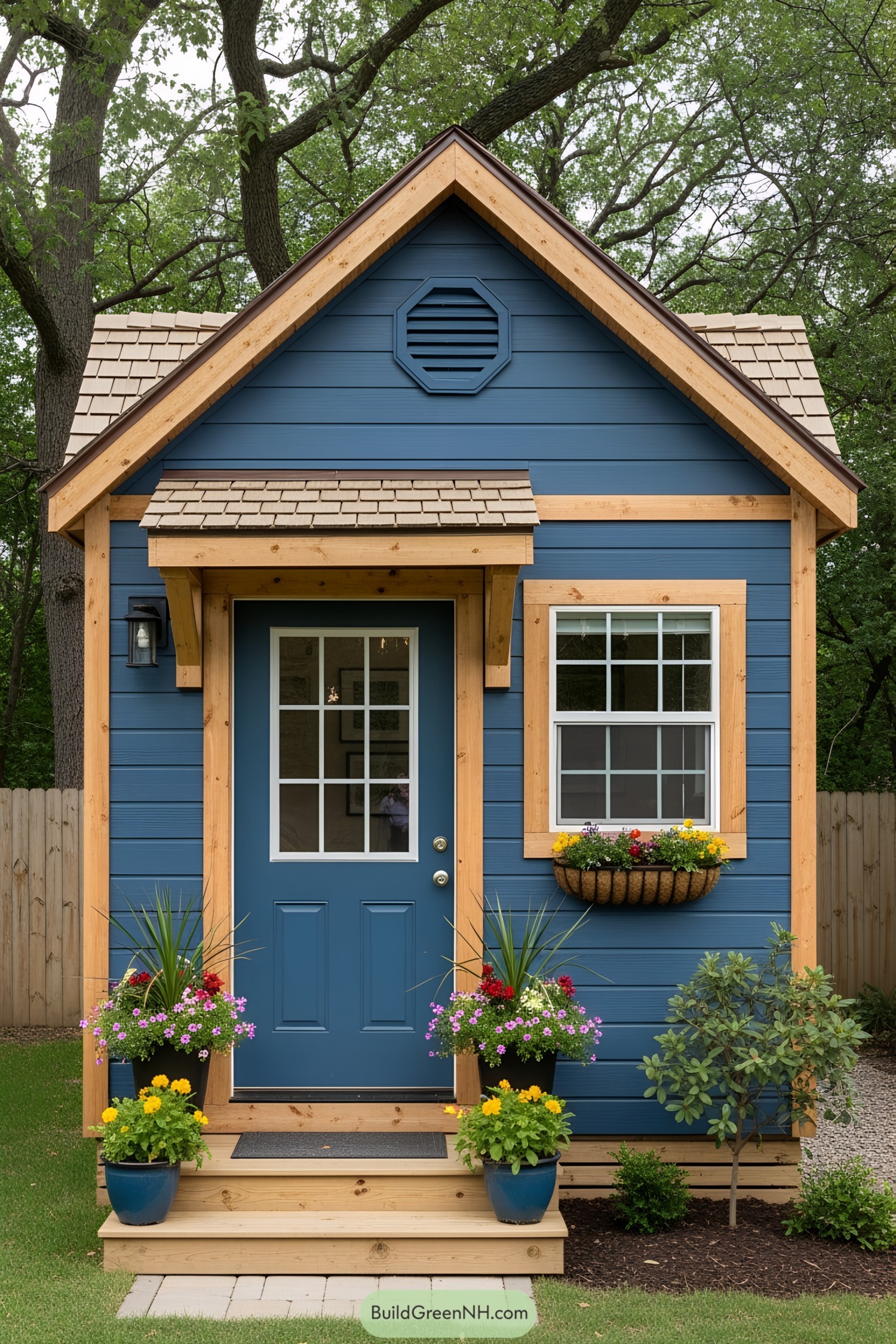 Small blue she shed with wooden accents and potted plants