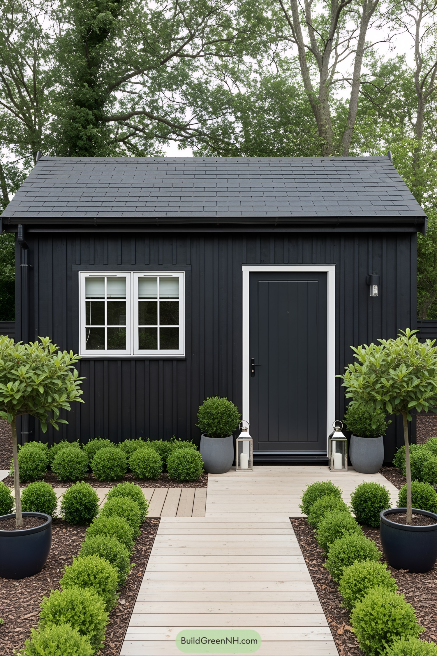 Small dark she shed surrounded by greenery and potted plants