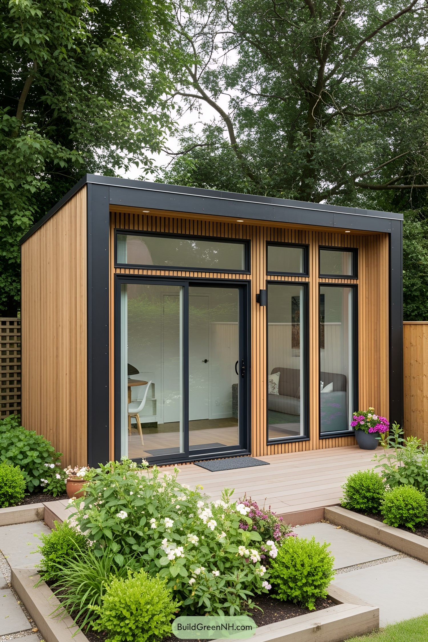 Compact wooden shed with large glass doors