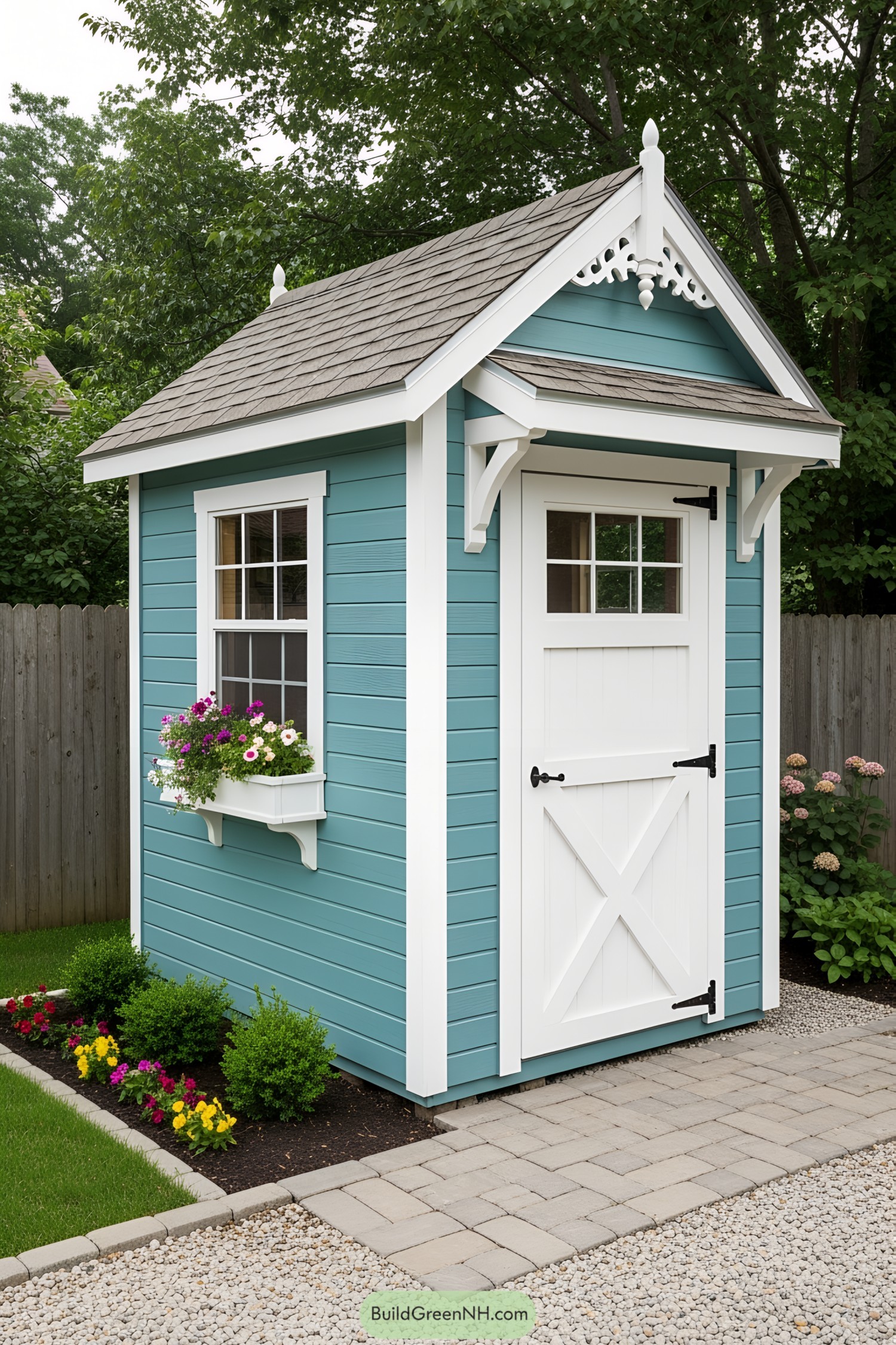 Small blue and white shed with decorative trim and potted flowers