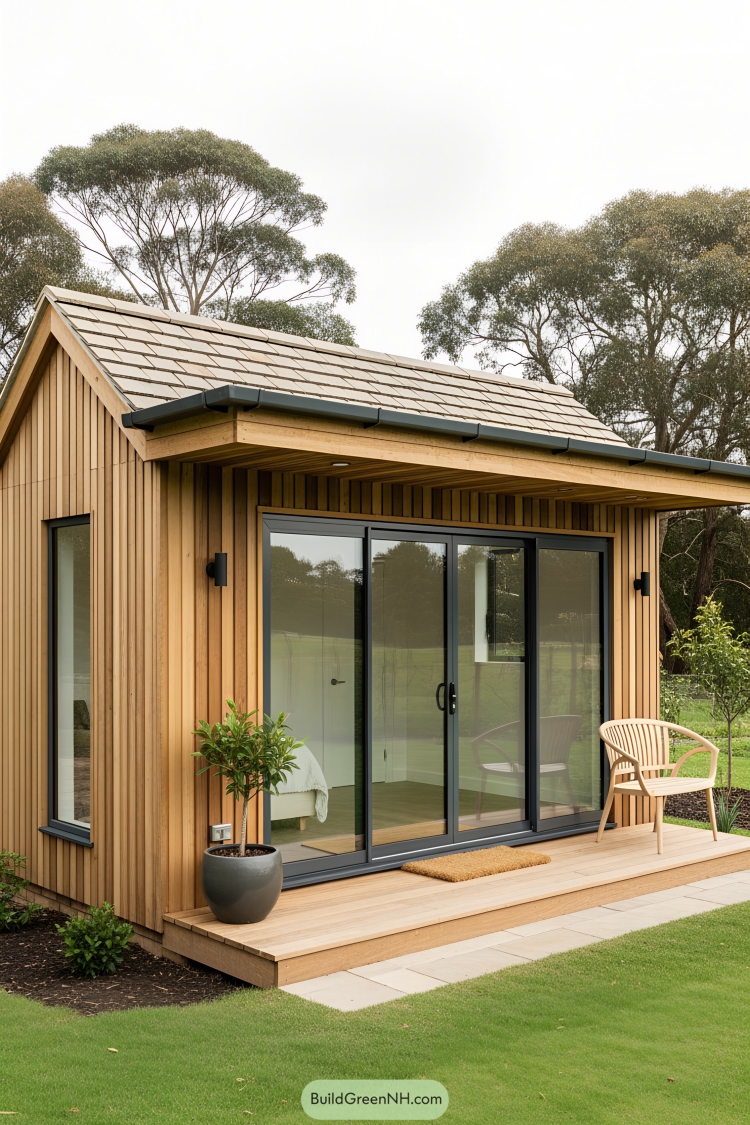 Small, modern wooden shed with large glass doors