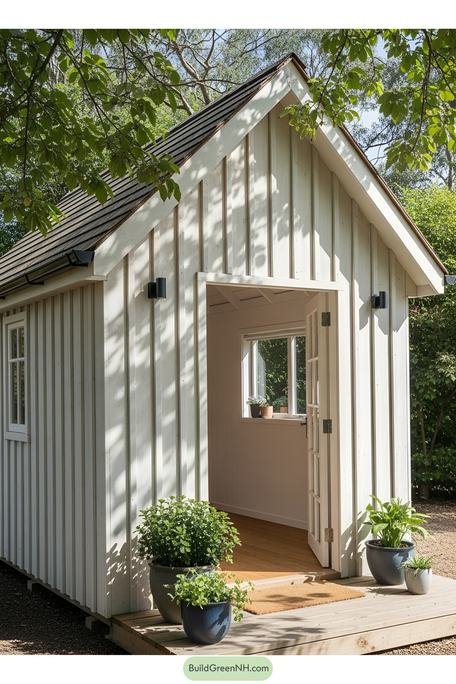 Cozy she shed with open door and potted plants