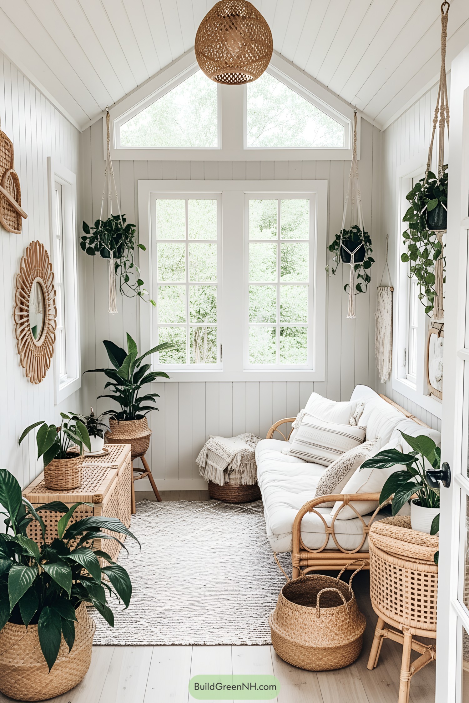 Bright and cozy she shed interior with plants and wicker furniture
