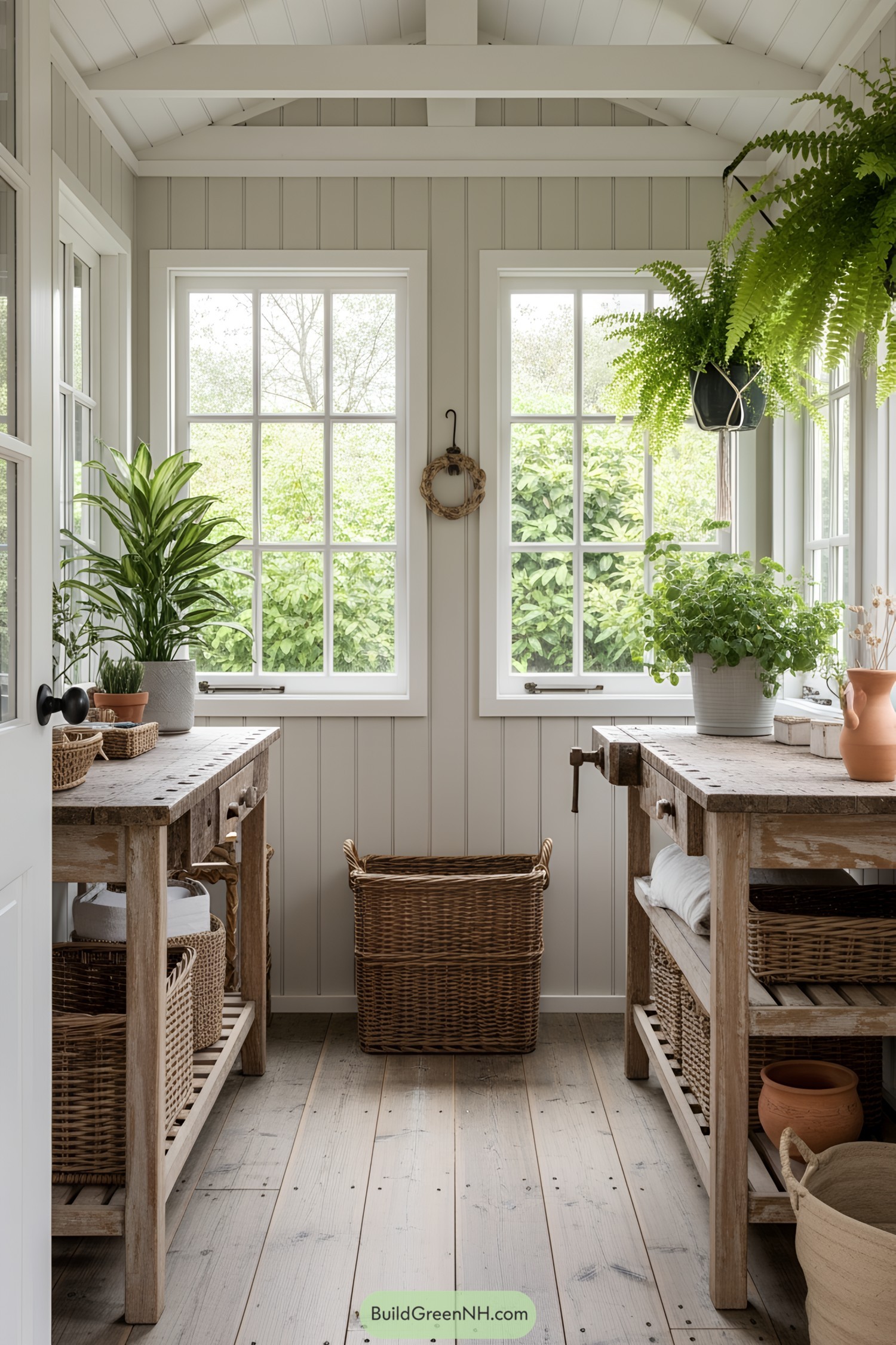 A peaceful she shed interior with wooden tables and vibrant plants