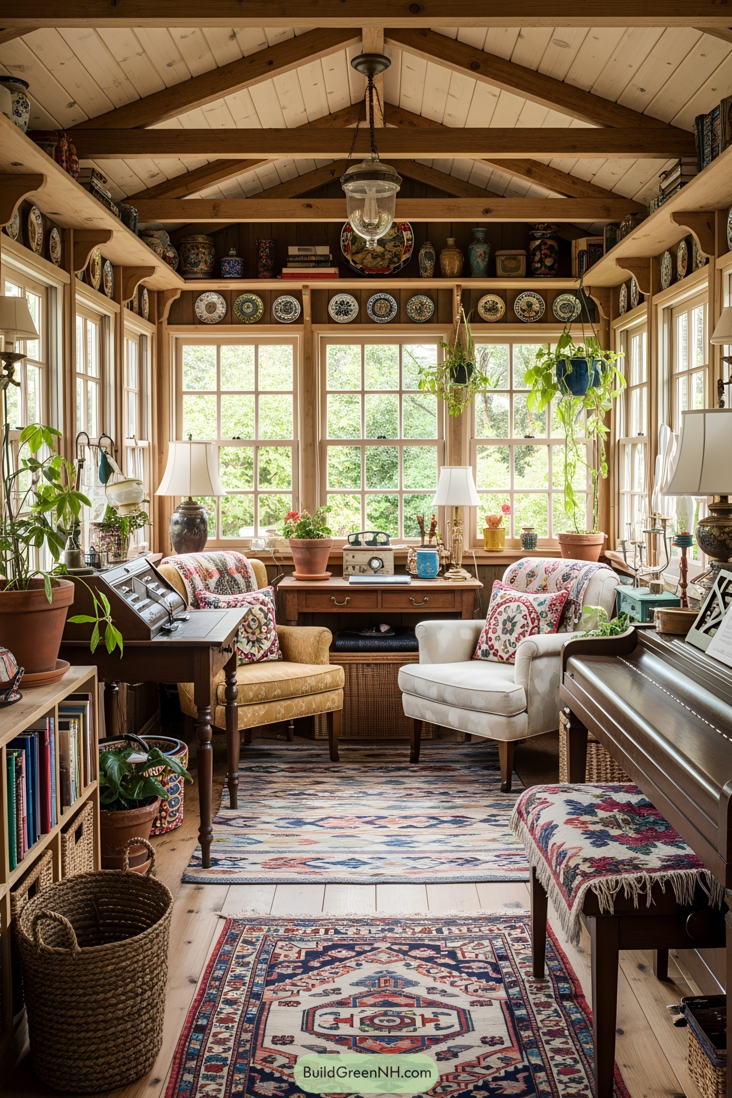 Sunlit space with elegant furniture and vibrant greenery