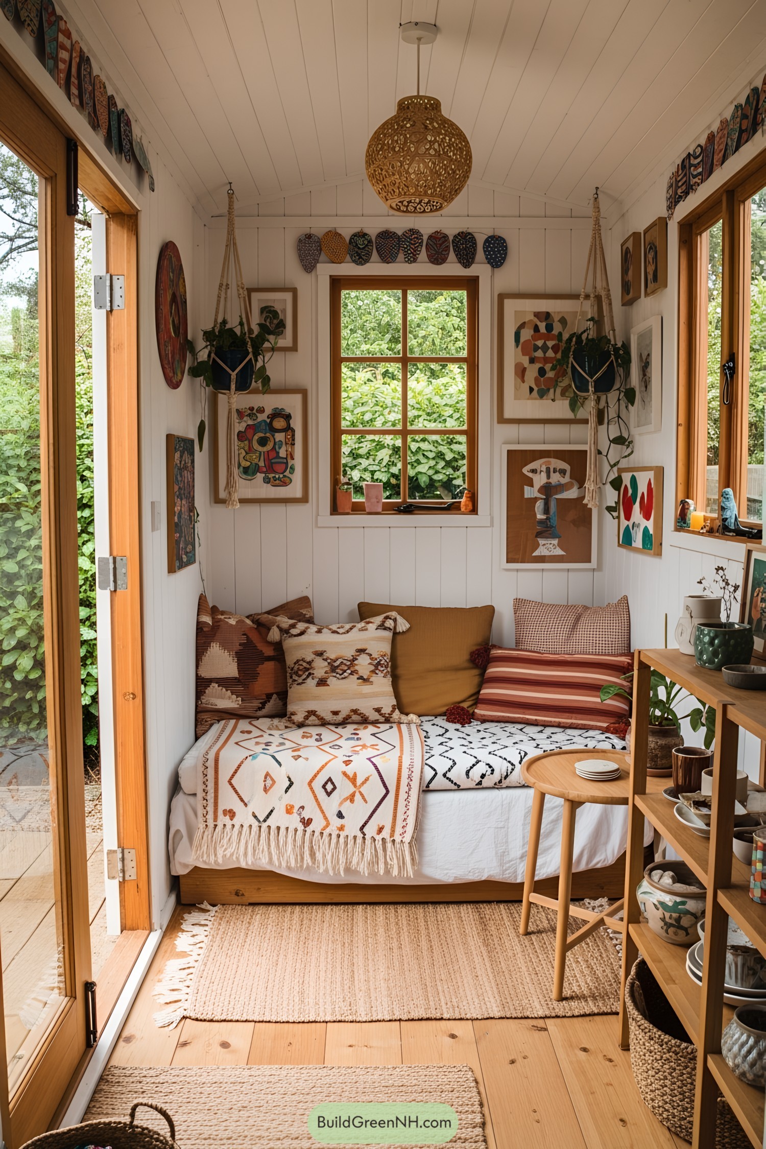 Cozy she shed with wood accents and plush decor
