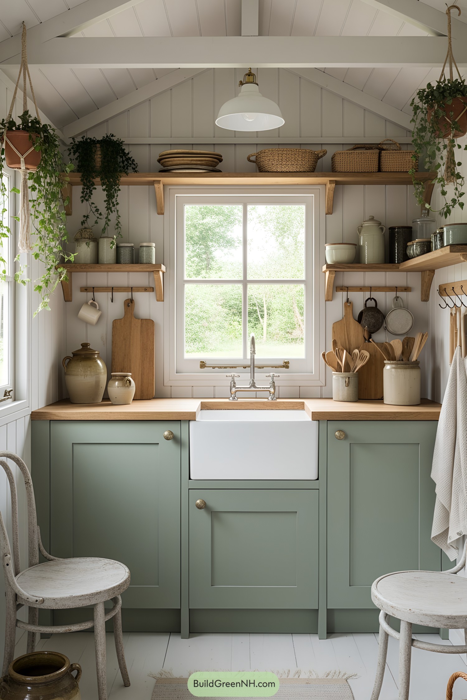 Charming she shed with farmhouse sink and pastel decor