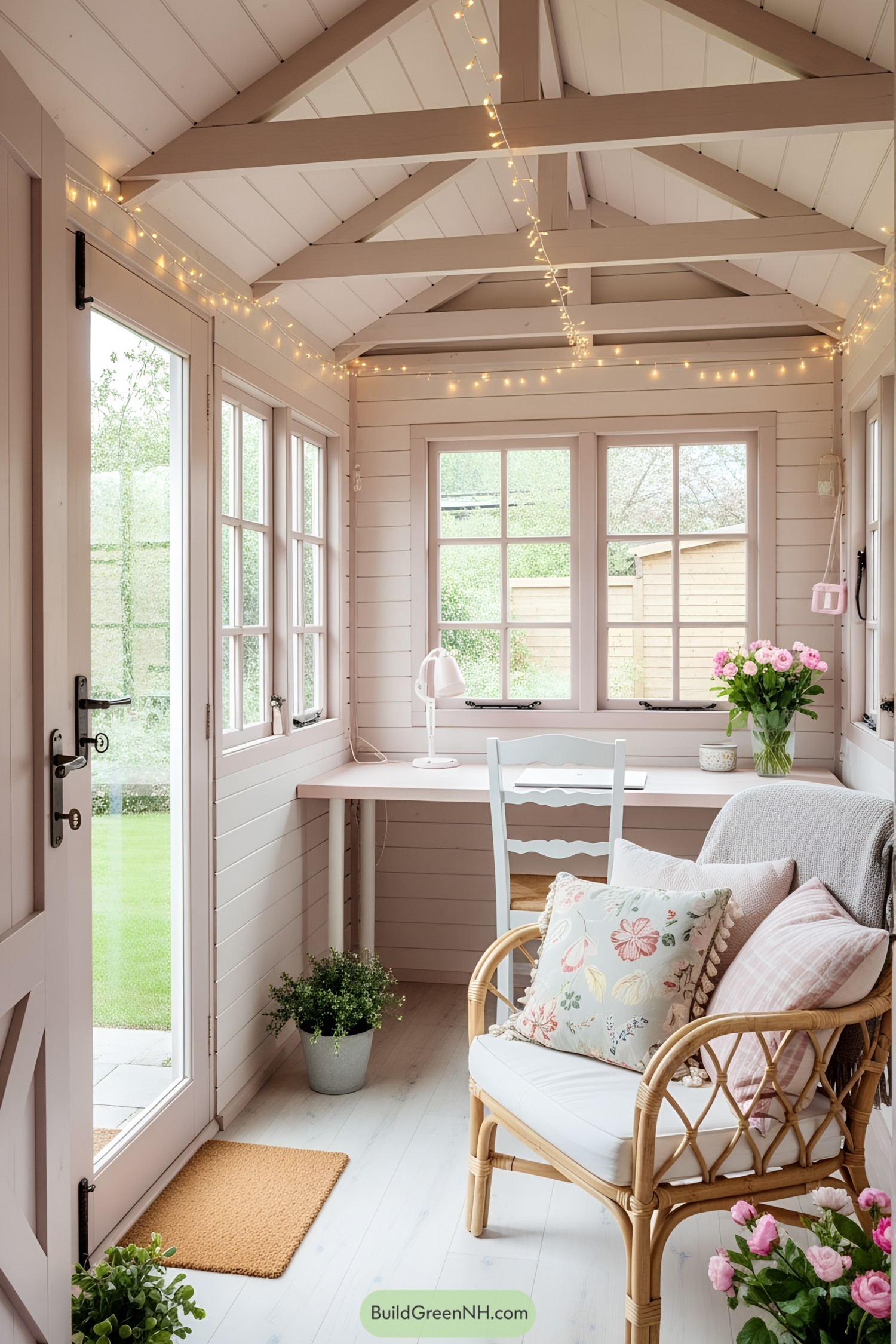 Bright and airy she shed with floral decor