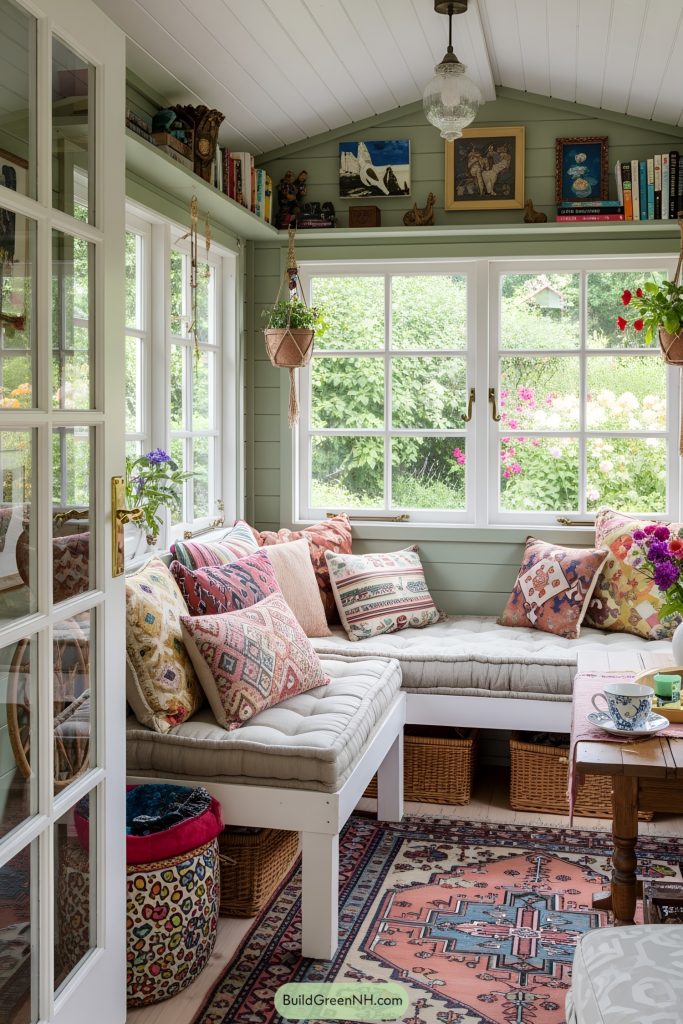 Small she shed interior with a cozy, eclectic aesthetic and vibrant Bohemian style. The color theme centers on soft sage green, warm neutrals, and pops of jewel-toned accents. Architectural details include wood-paneled walls, French doors with glass panes, and a compact footprint maximizing light. Walls are adorned with art and open shelving for books and curios. Large windows invite ample daylight and views of a lush garden. Floors feature pale wood, complemented by a colorful area rug with intricate patterns. The ceiling is simple, painted to match the serene vibe. Materials include natural wood, soft textiles, and woven accessories. Furnishings consist of a cushioned loveseat with assorted patterned pillows, a corner bench or daybed, and a small table for tea or reading. Accessories like layered textiles, framed prints, and vintage knick-knacks add character. Potted plants and fresh blooms inside and out contribute to the organic, tranquil atmosphere, while outdoor views of flourishing greenery and vibrant flowers enhance the retreat-like feel.