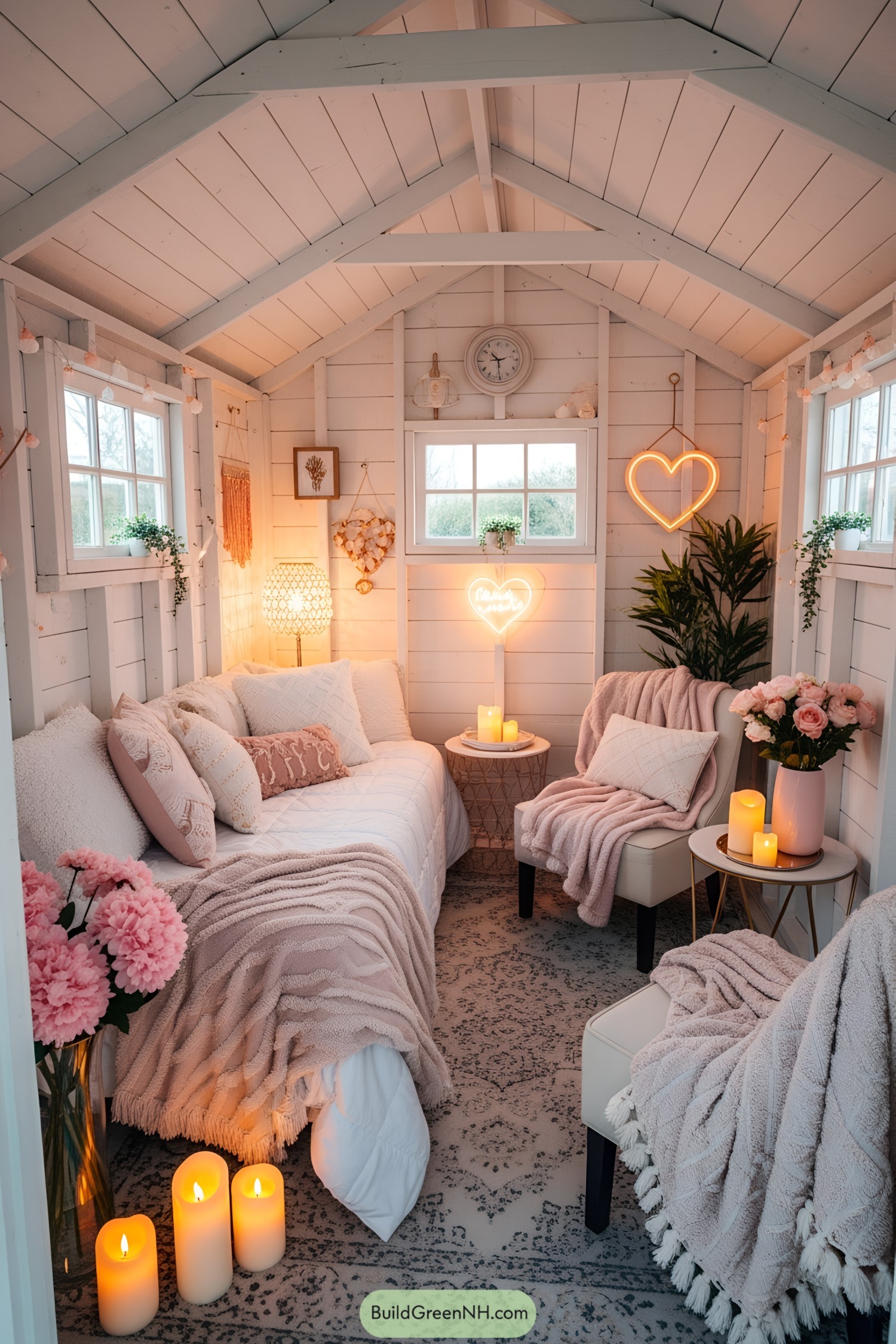 She shed interior with cozy seating and soft lighting