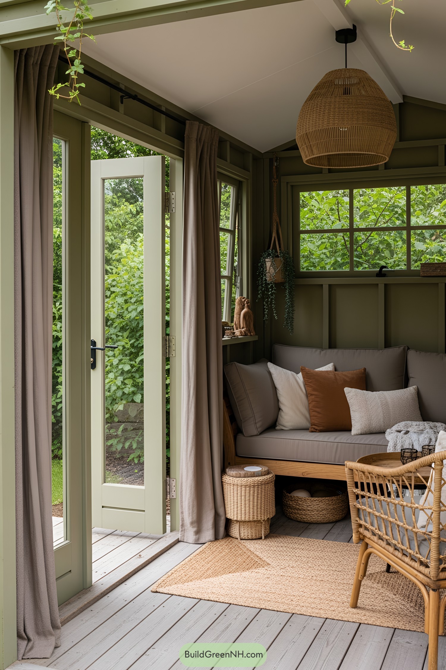 Interior of a green she shed with cozy seating and decor