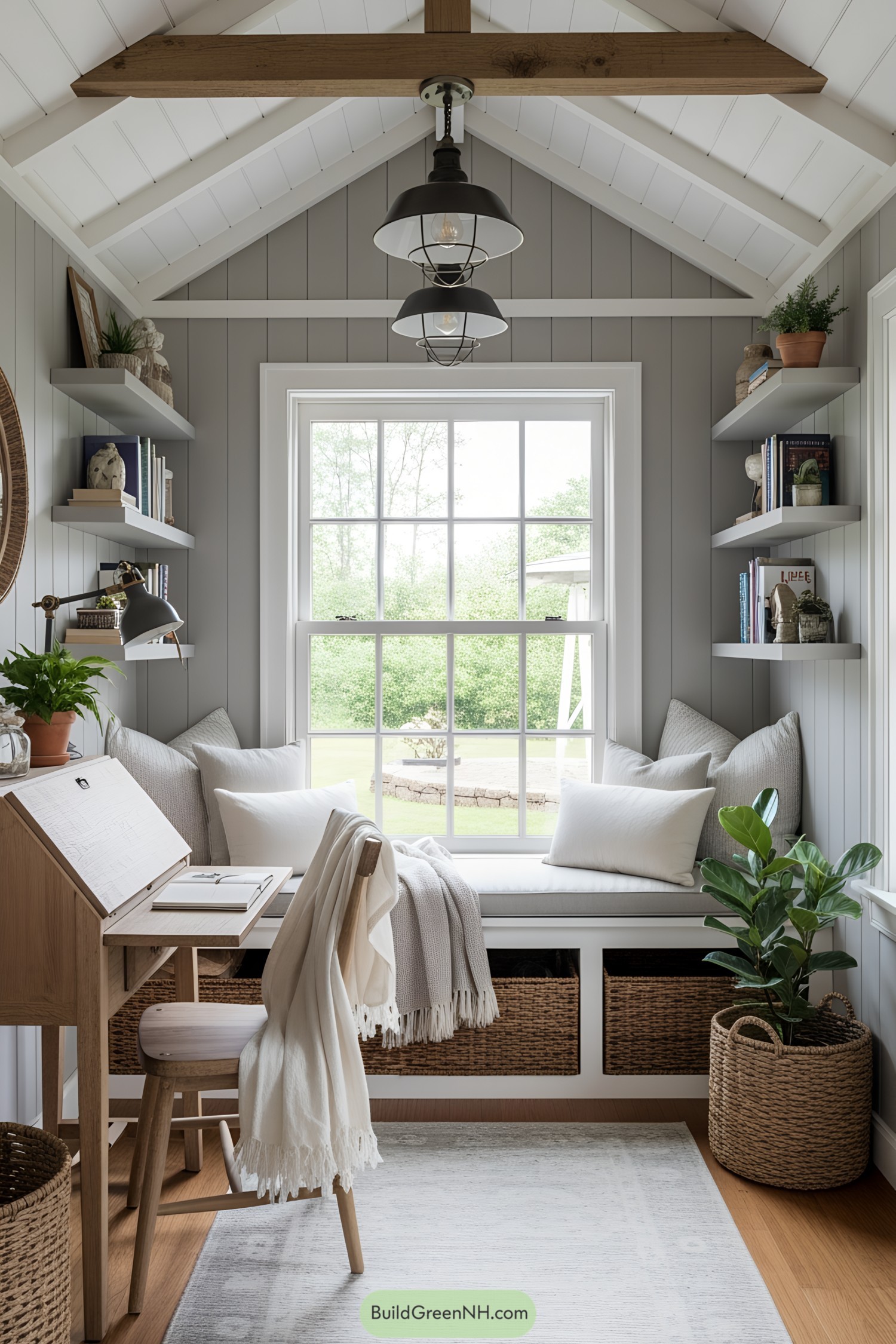Cozy shed interior with comfy window seat