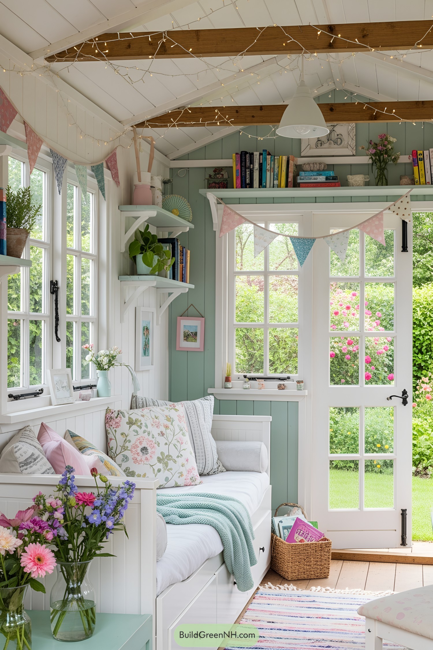 Bright she shed interior with plants and cozy seating