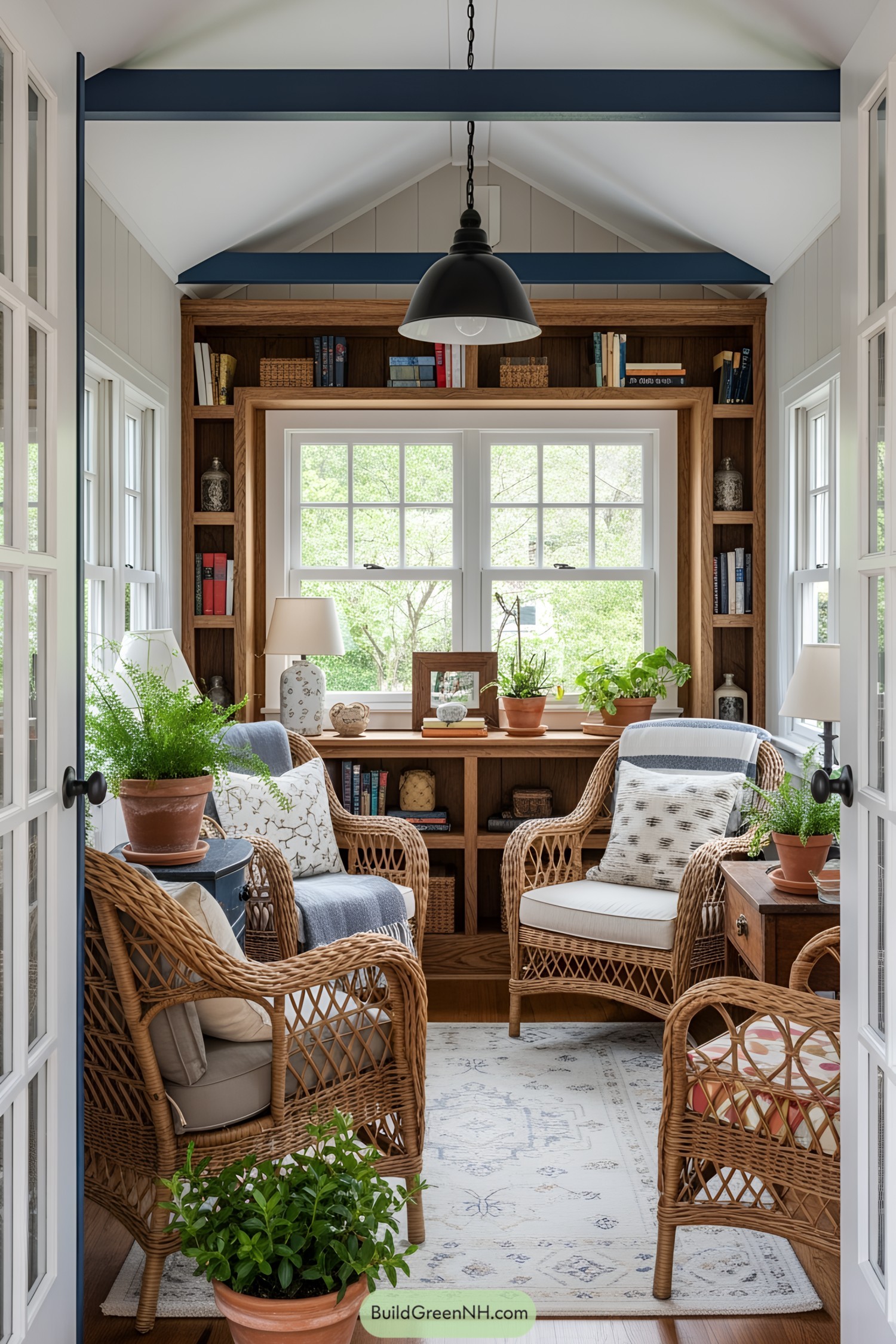Cozy room with wicker chairs and large windows