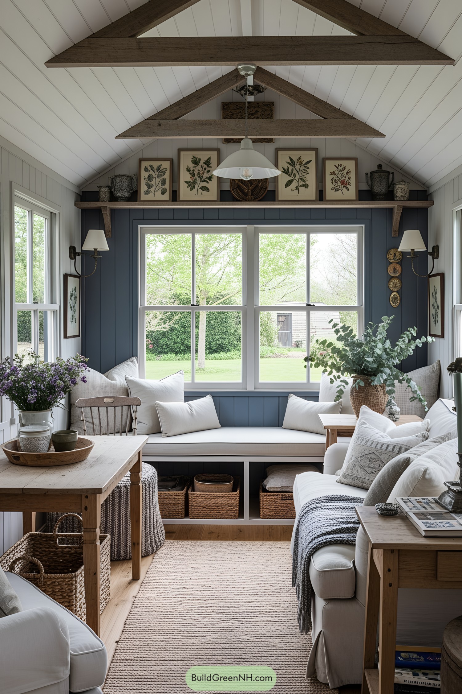 Cozy interior with rustic beams and comfy seating