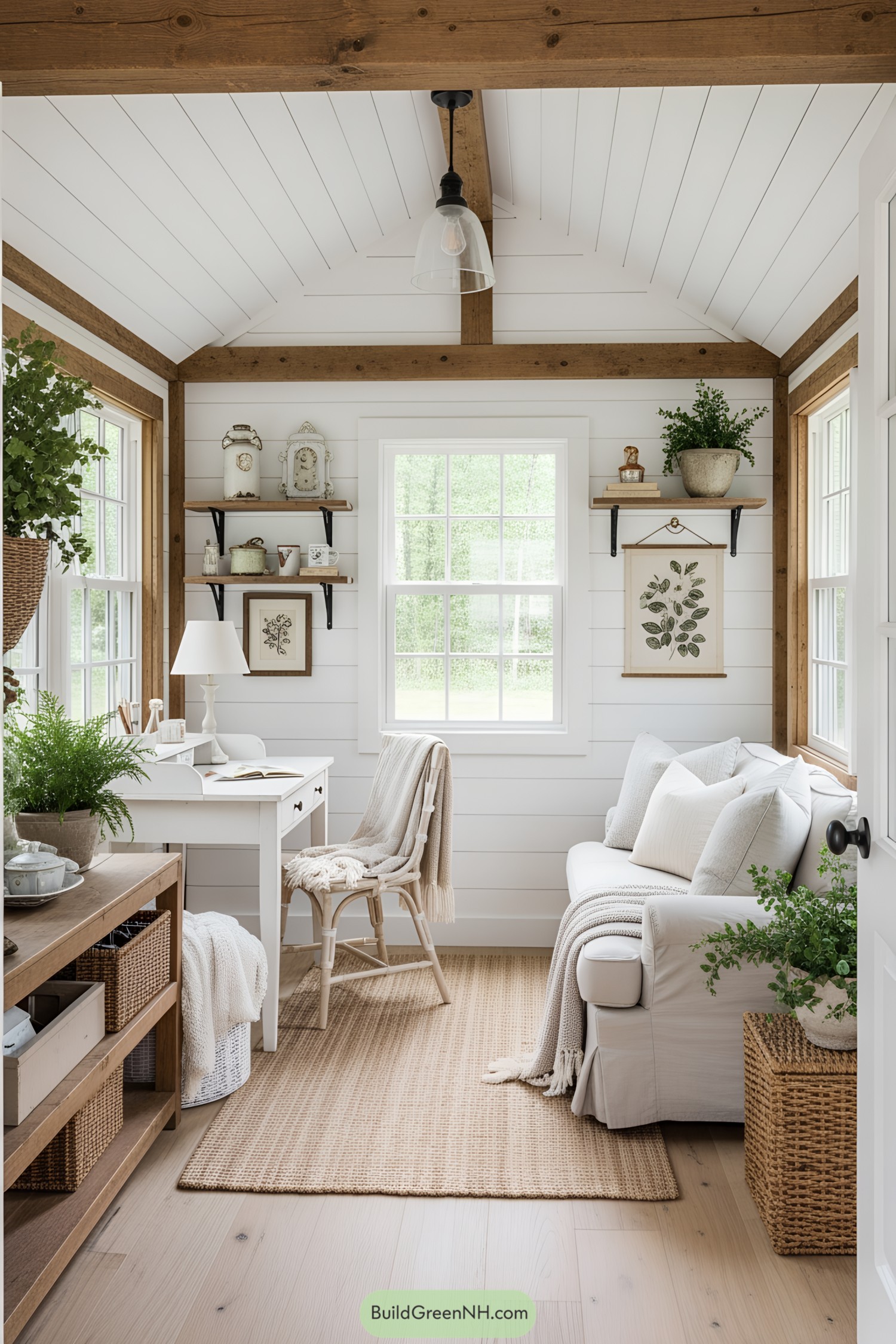 Bright, cozy she shed interior with natural accents