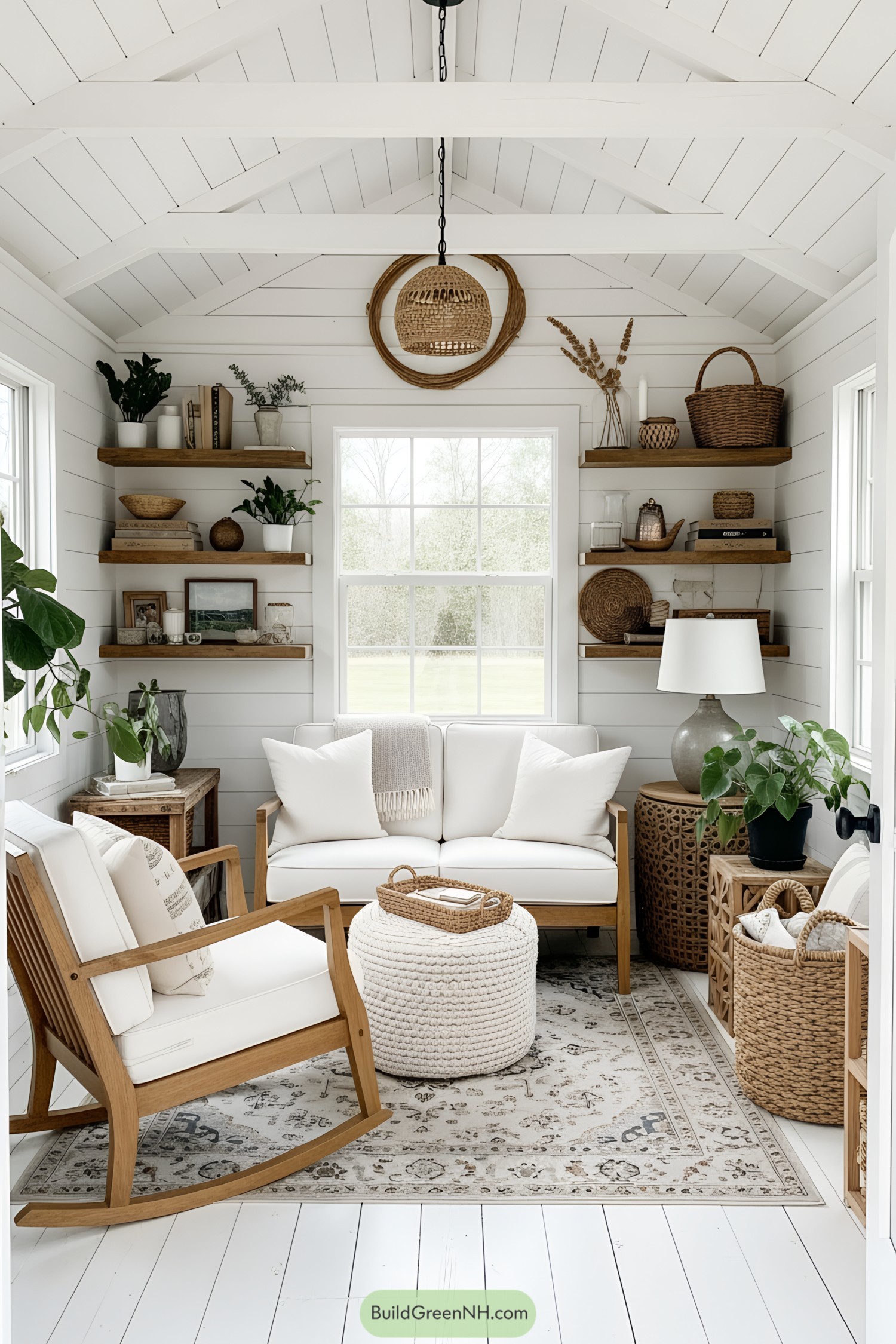 Inviting she shed with white and wooden decor
