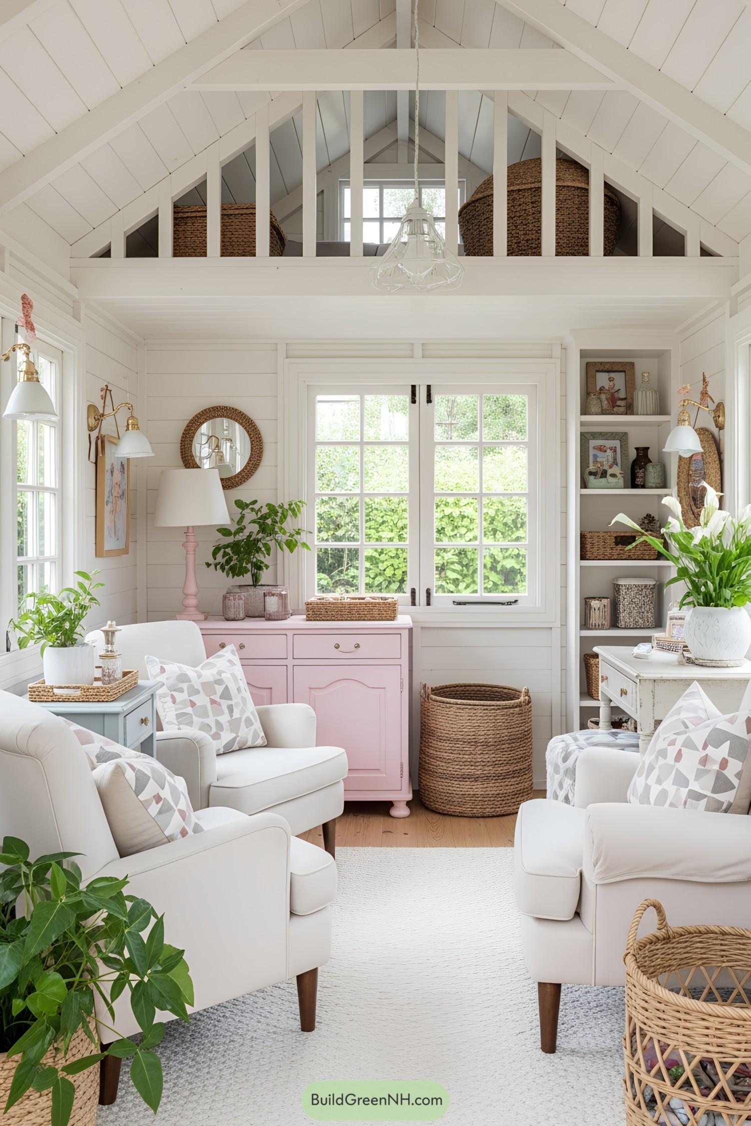 Warm, pastel-filled interior with cozy armchairs and plants