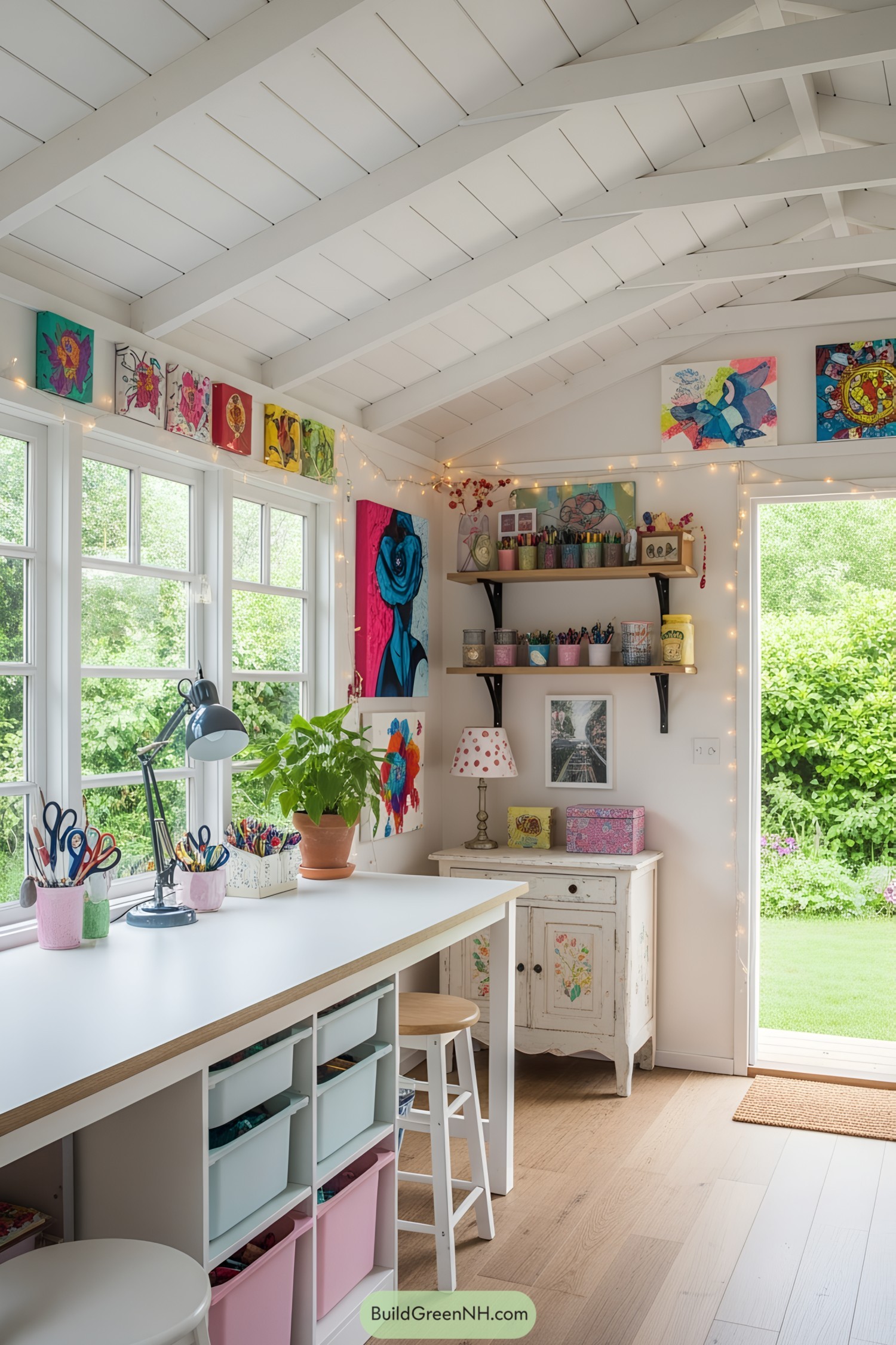 Bright and colorful art-filled she shed interior