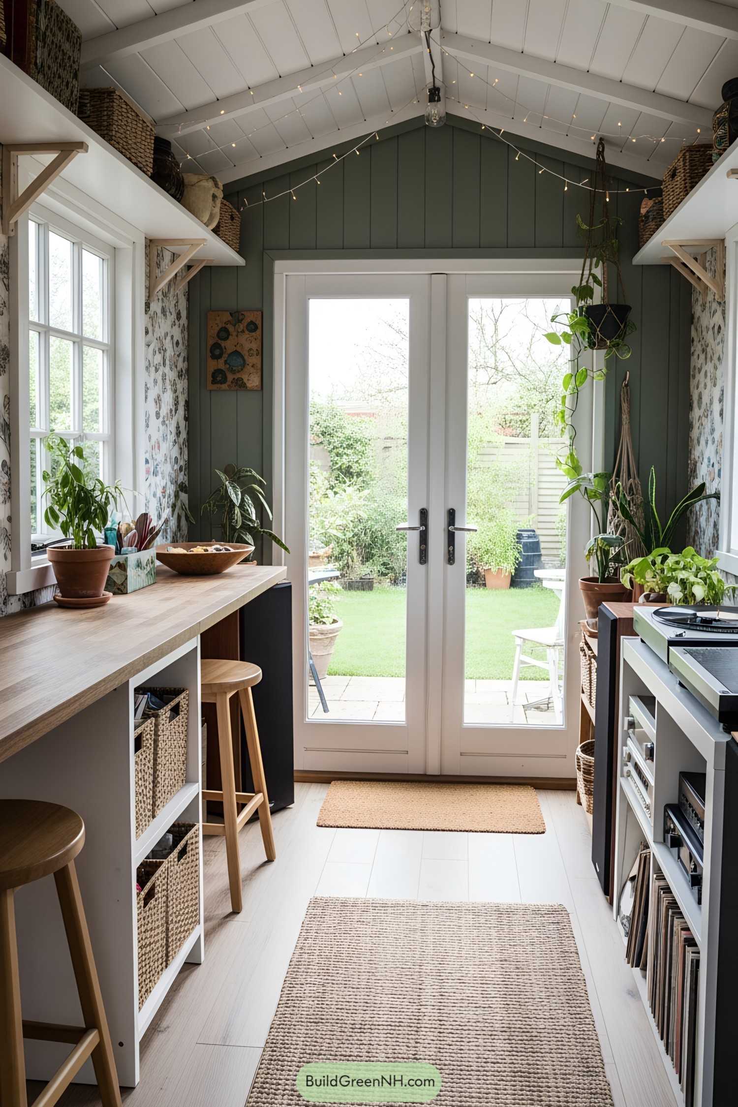 Interior view of a she shed with string lights and ample greenery