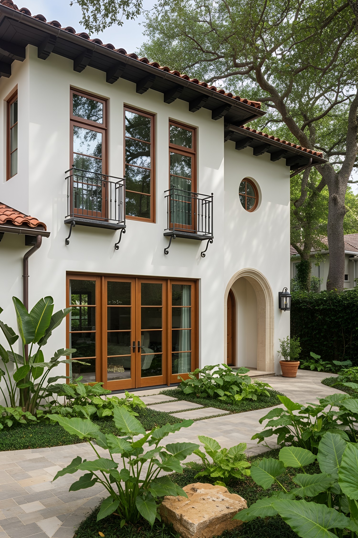 Mediterranean house with lush garden and arched entrance