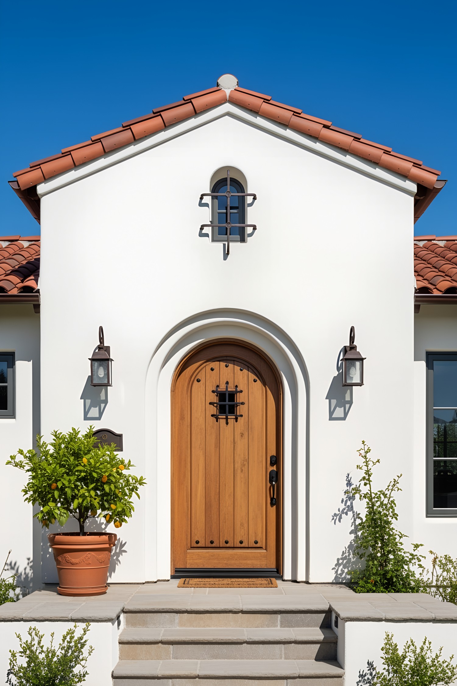Bright white house with a wooden arched door and terracotta roof tiles
