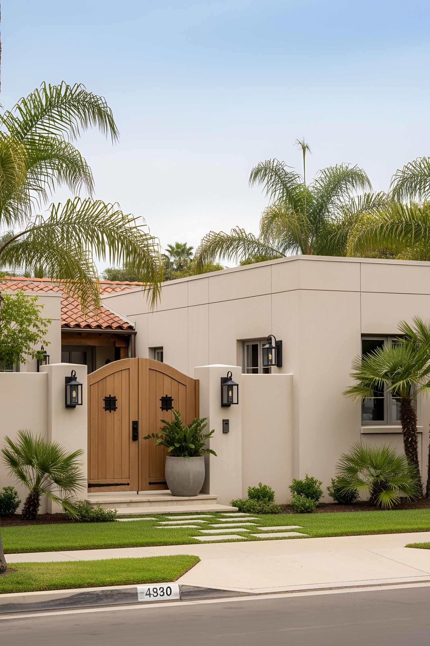 Modern coastal house with palm trees and gated entrance