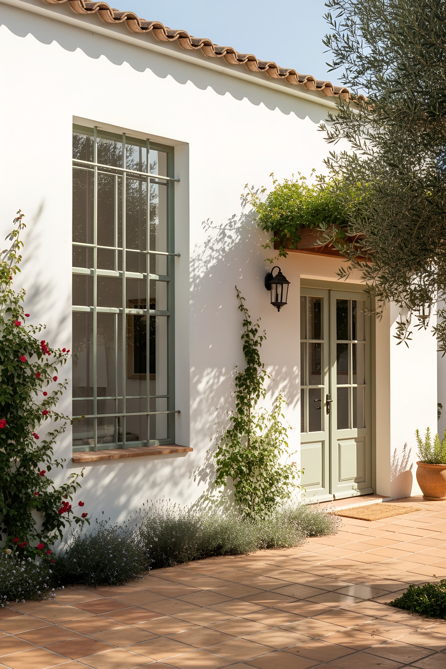 Sunlit coastal house with terracotta tiles and lush greenery