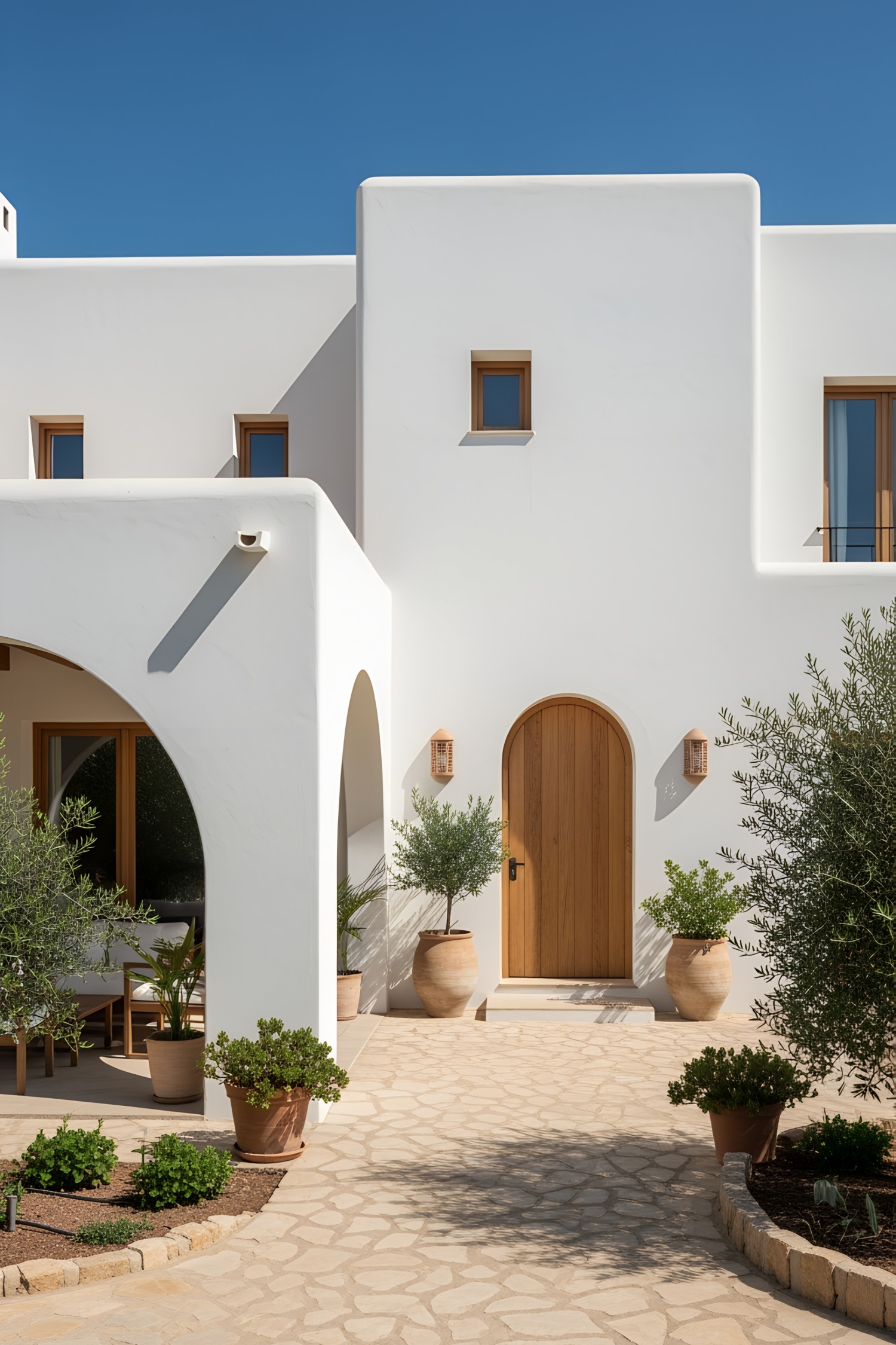 White Mediterranean house with wooden accents and potted plants