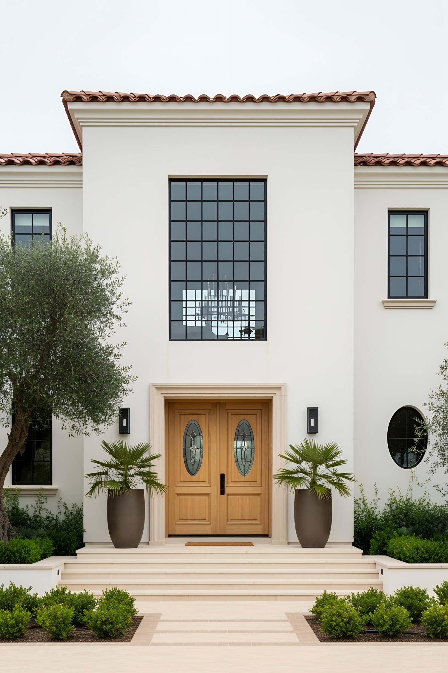 Grand wooden doors with potted palms on a Spanish coastal house