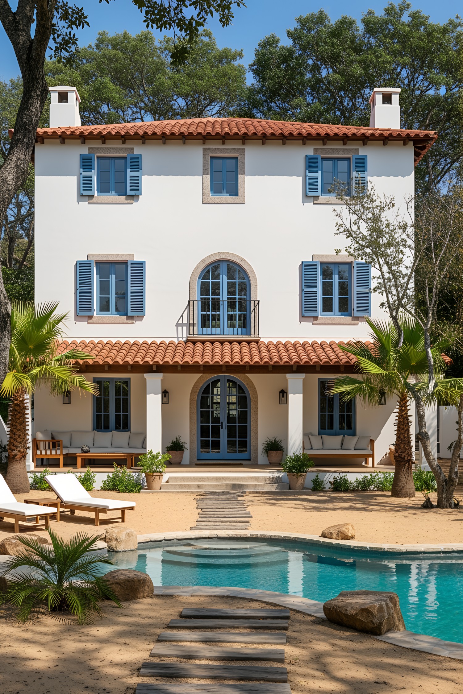 Elegant coastal house with blue shutters and terracotta roof