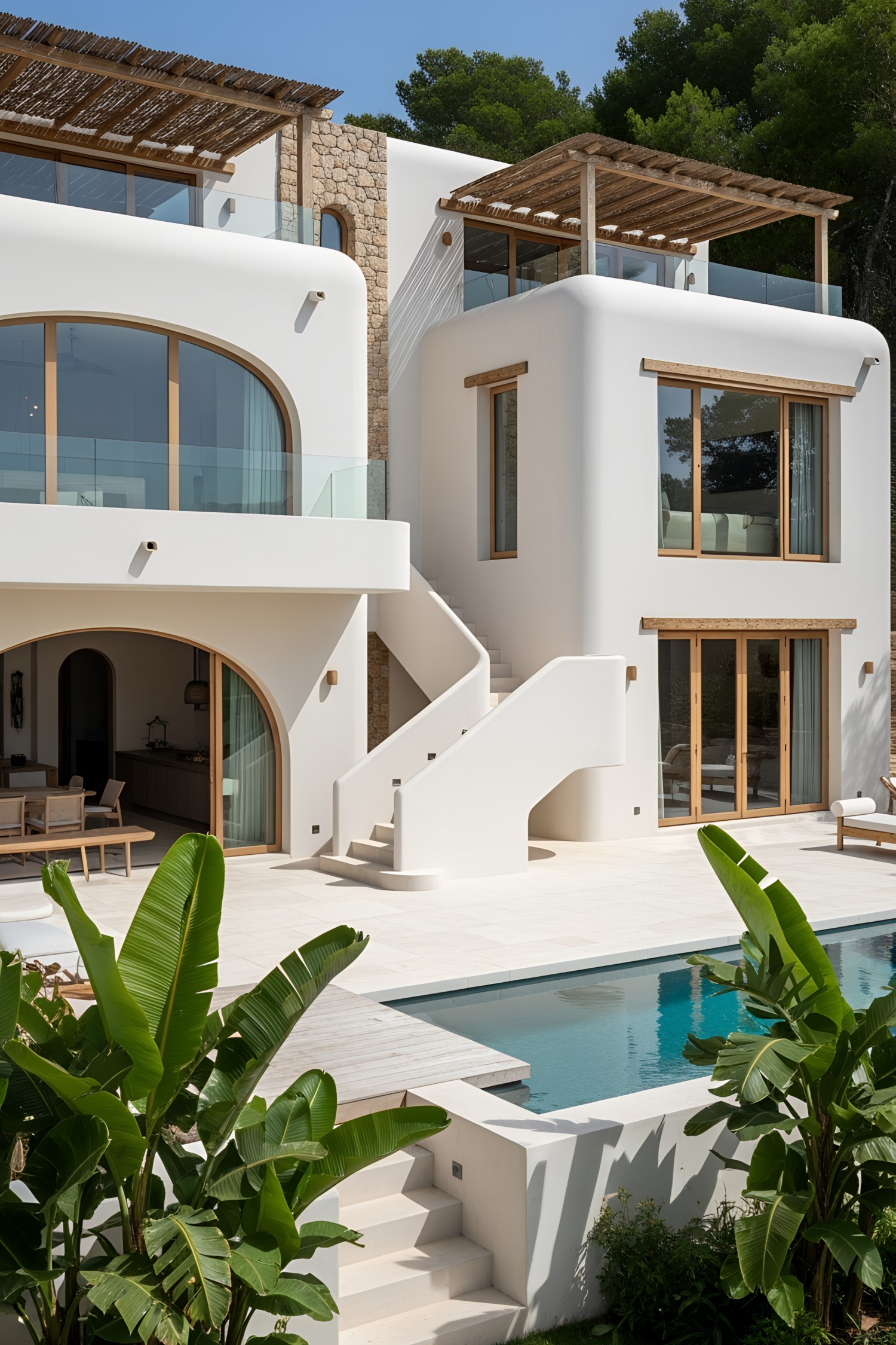 Modern coastal house with a pool surrounded by lush greenery