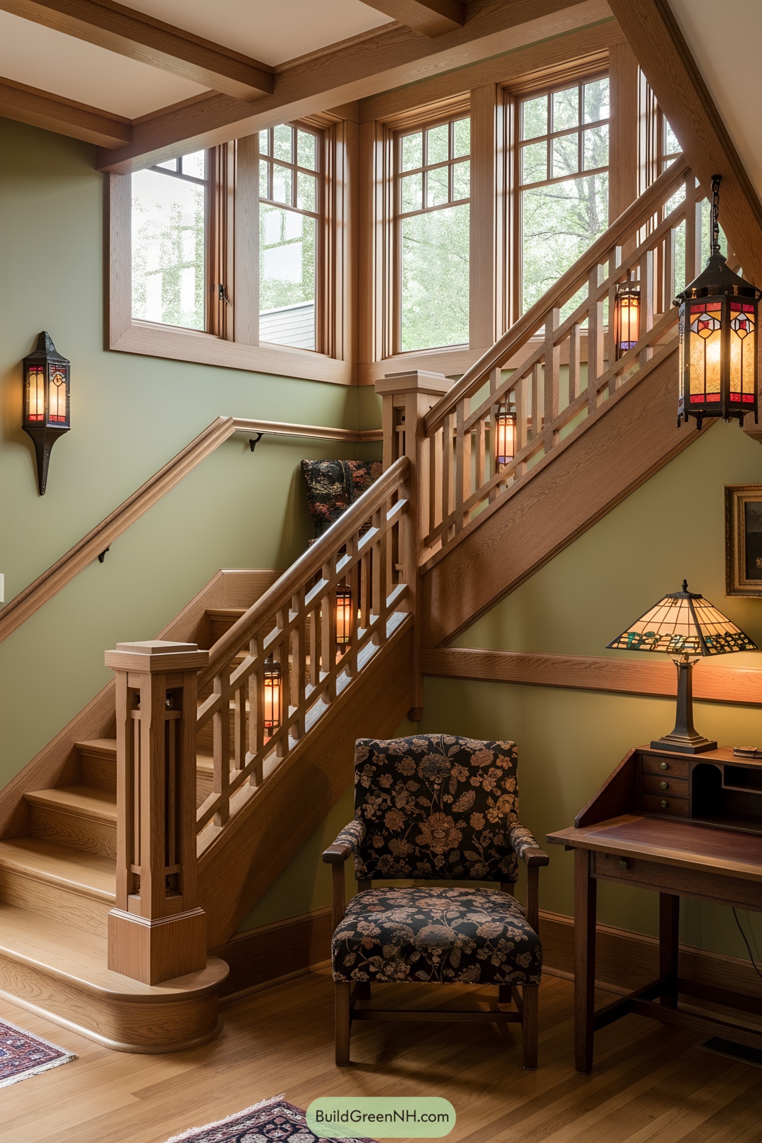 A cozy wooden staircase with decorative lighting