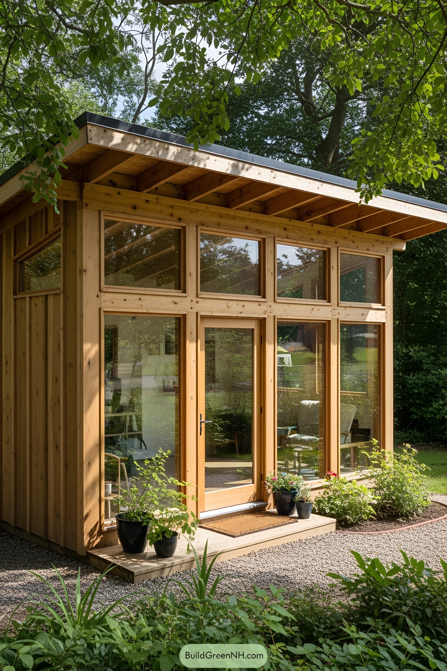 Wooden studio shed with large windows and garden view