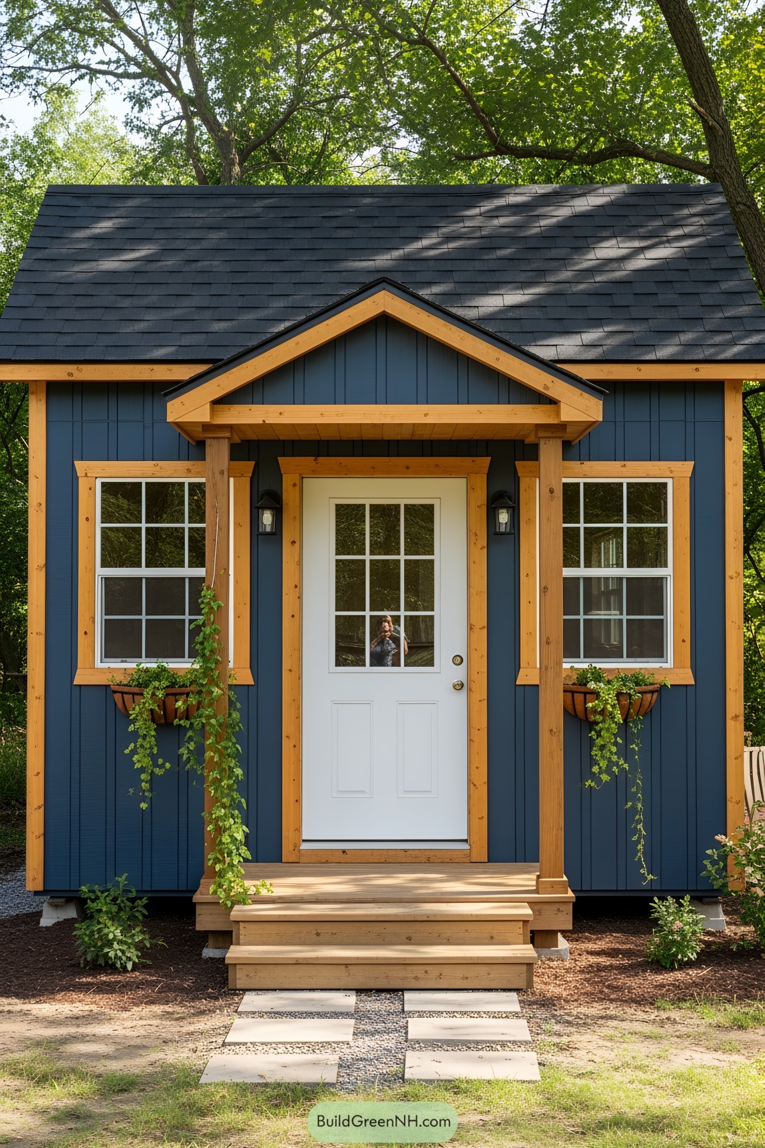 Blue shed with wooden trim and potted plants