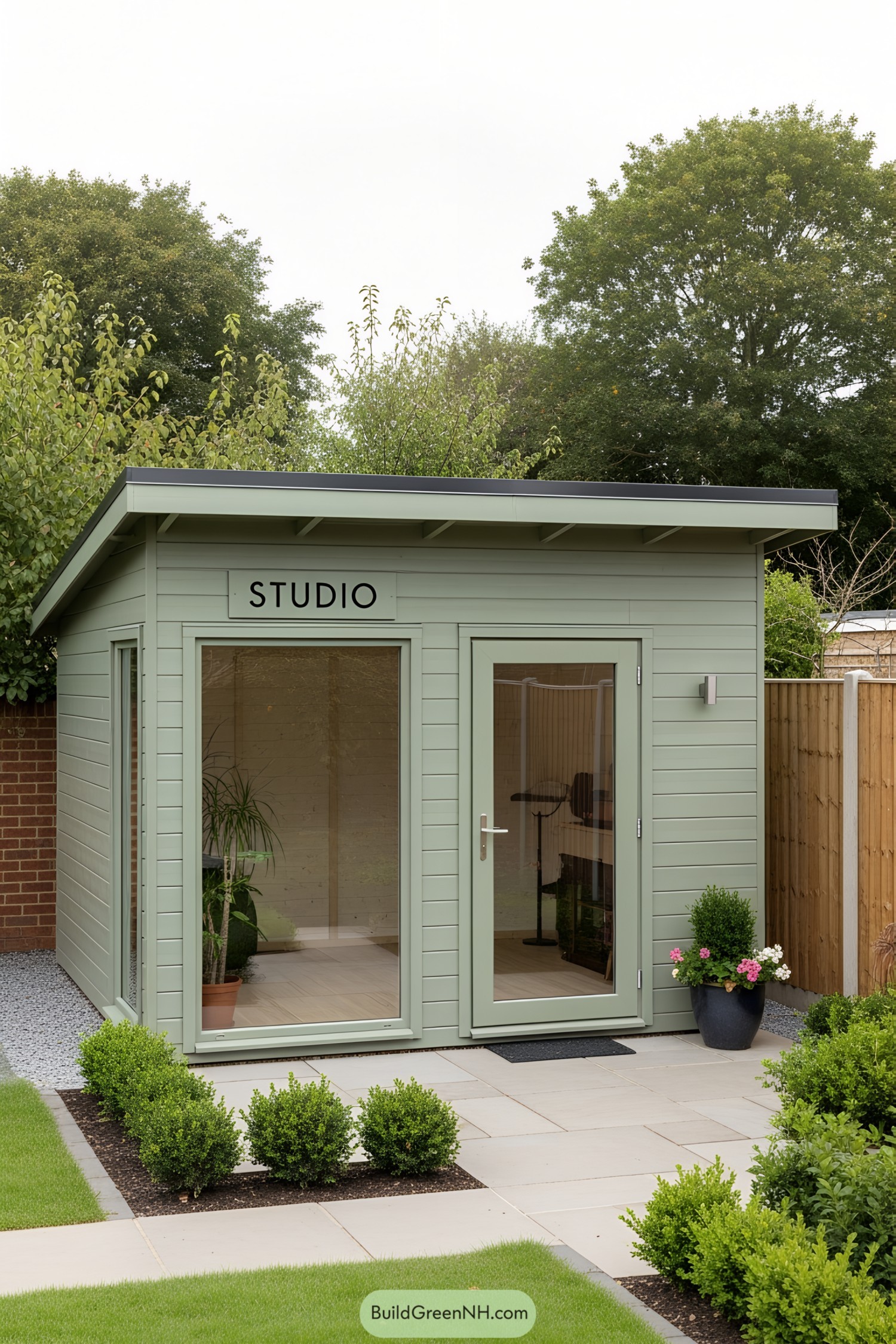 Green studio shed with large windows and potted plants
