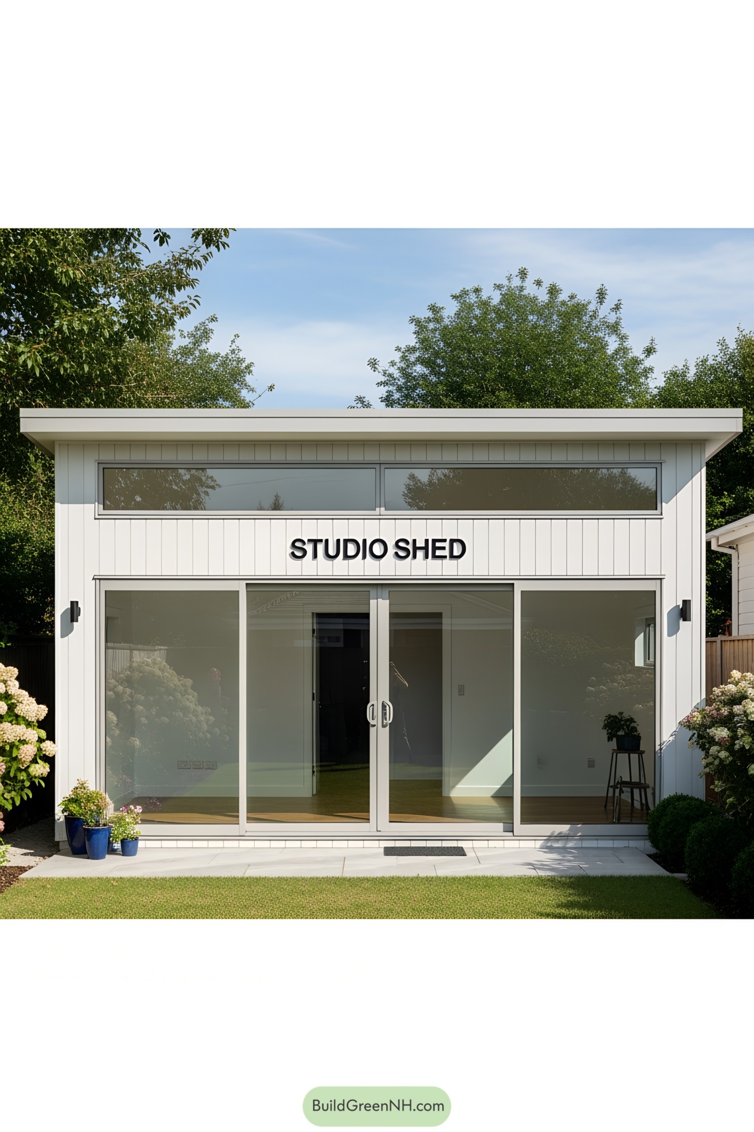 Compact studio shed with large glass doors