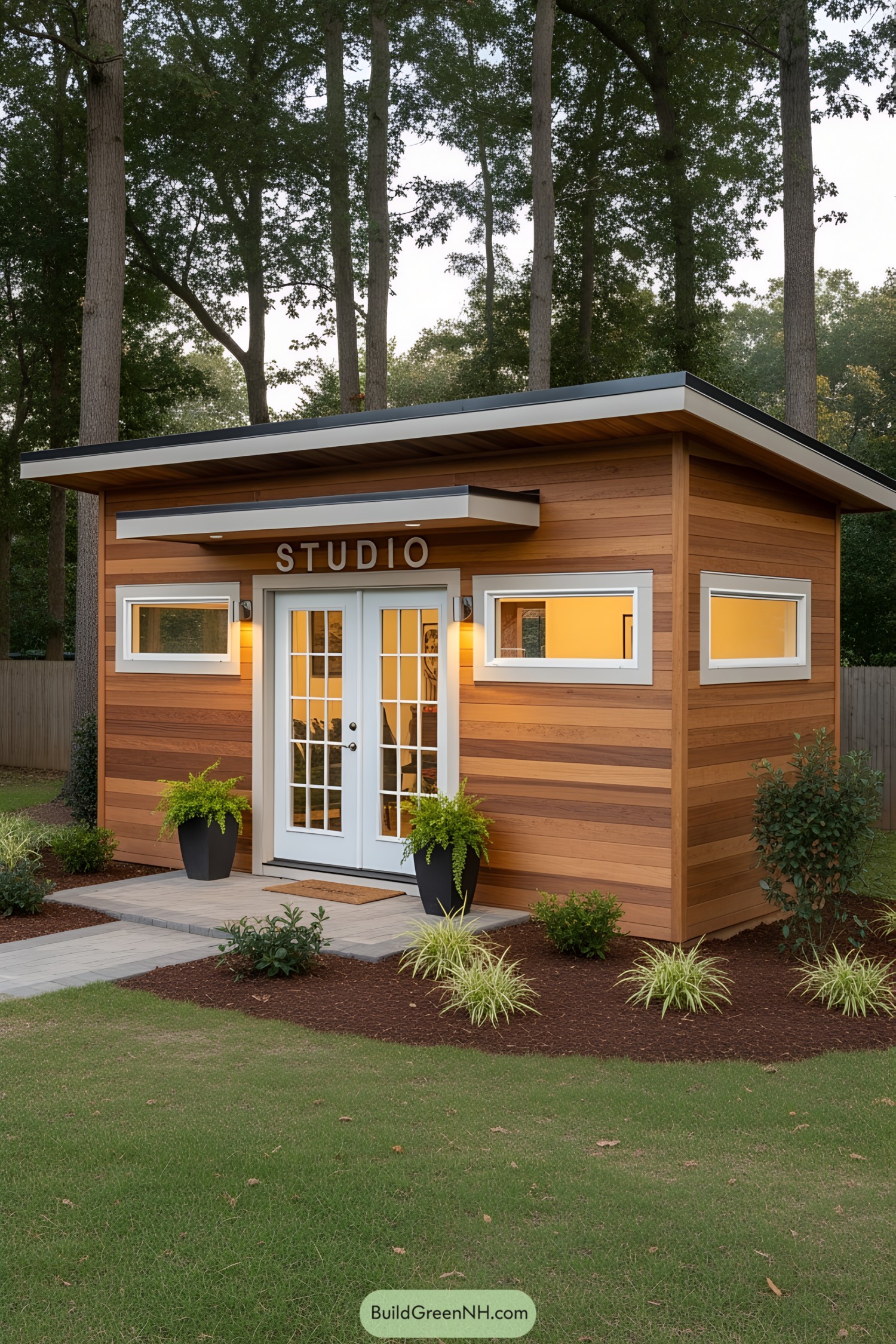 Compact studio shed with glass doors and wooden exterior