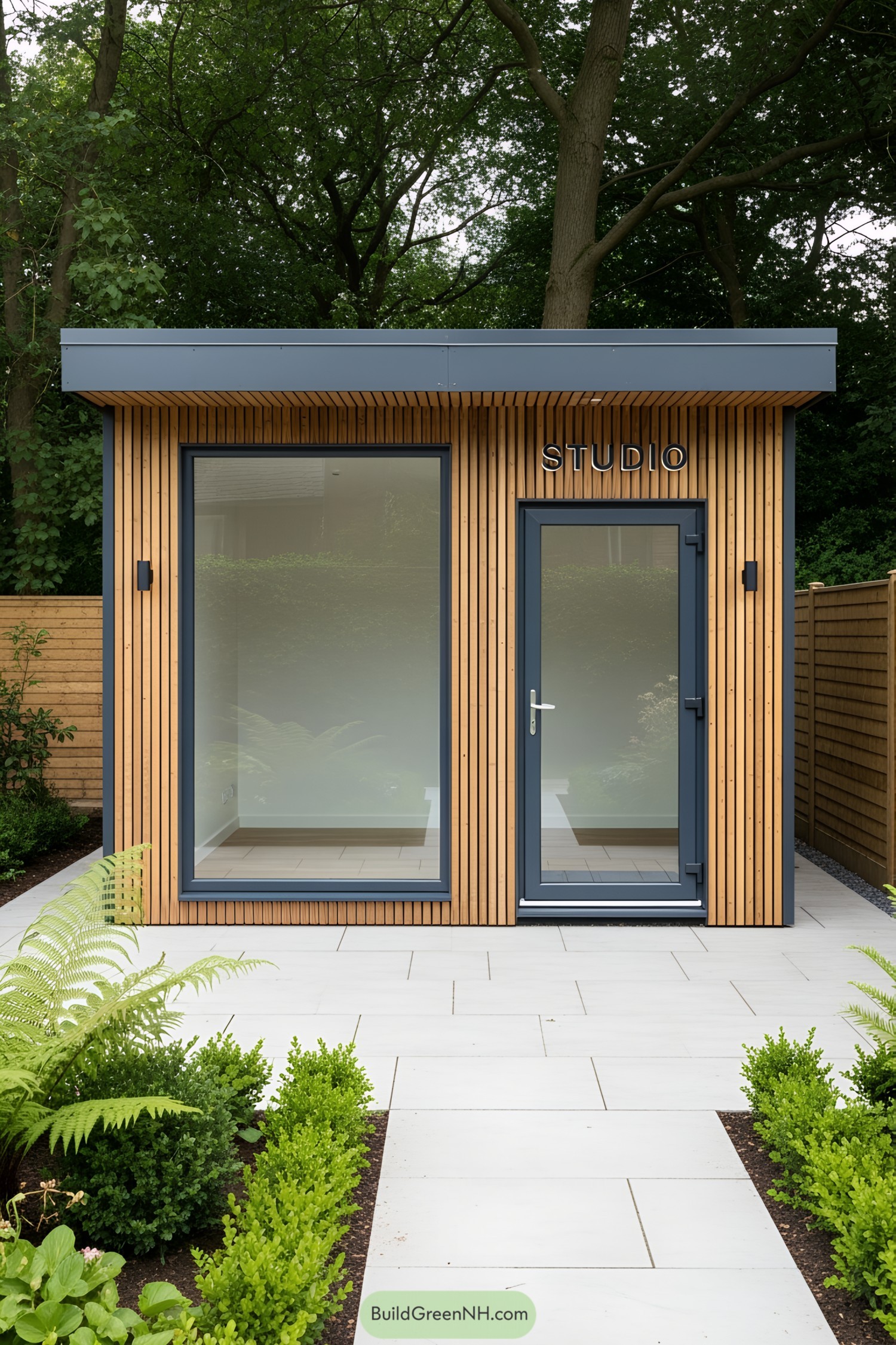 Contemporary studio shed with wooden slats and glass