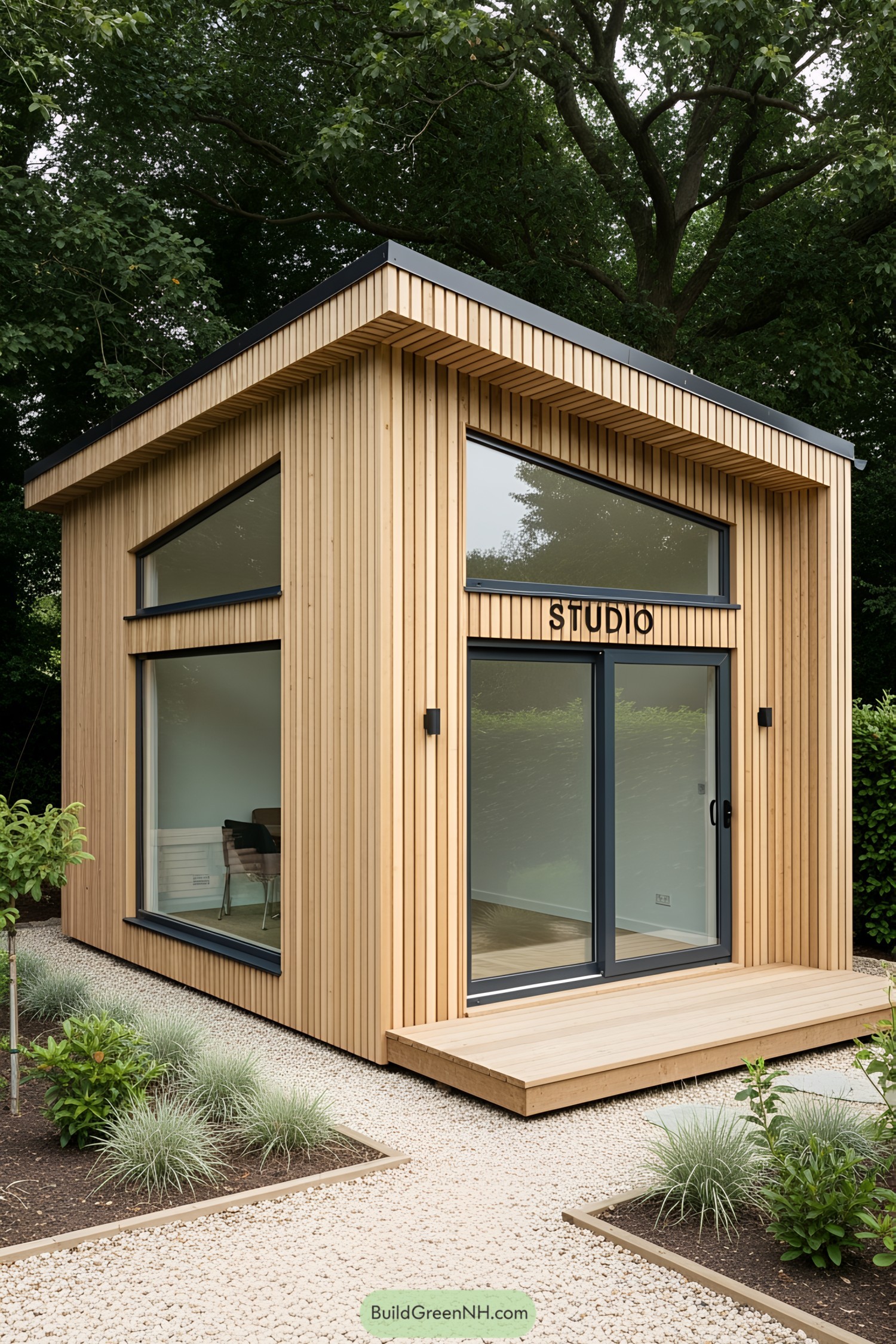 Small modern studio shed with wooden exterior and large windows