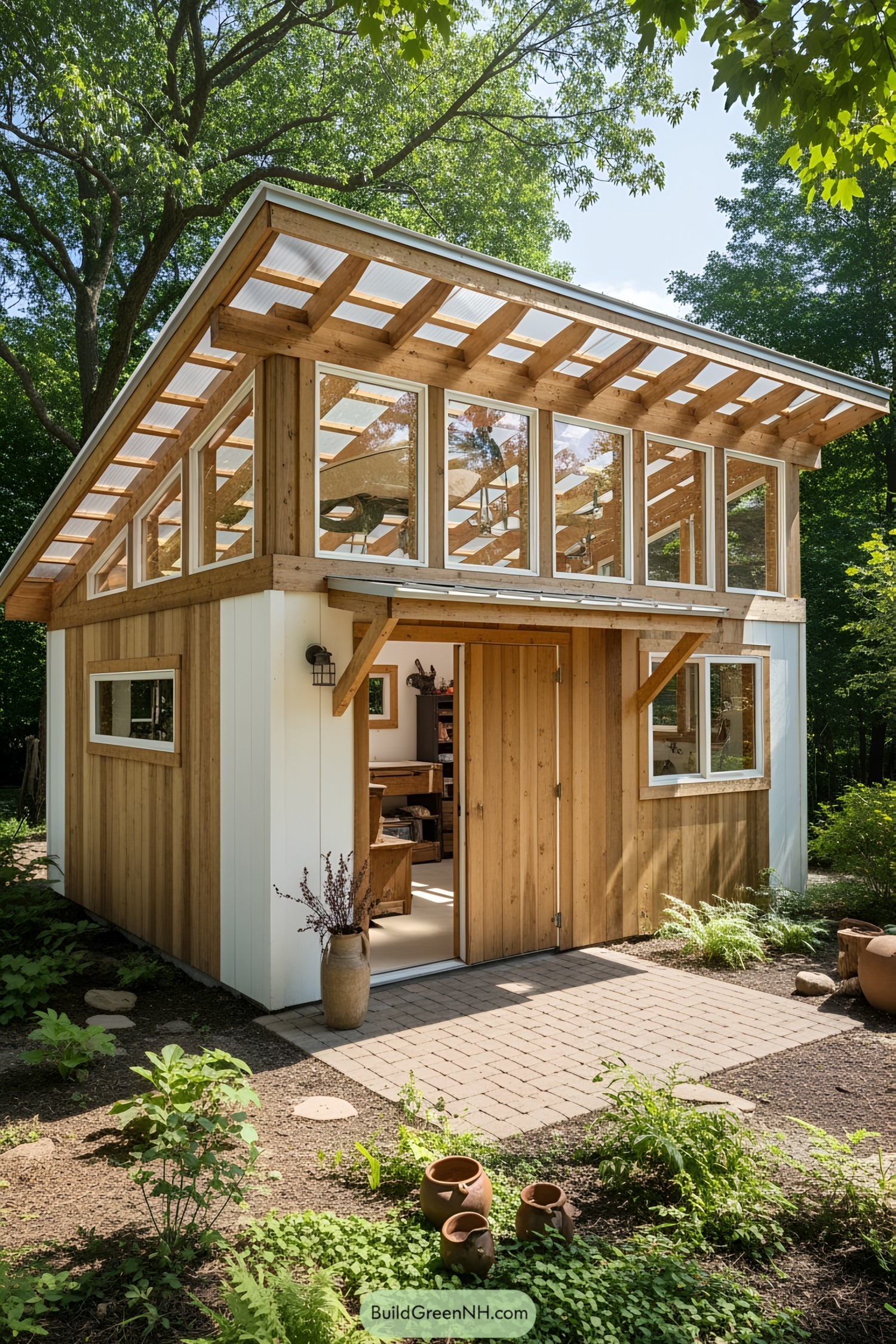 Charming wooden studio shed nestled in greenery