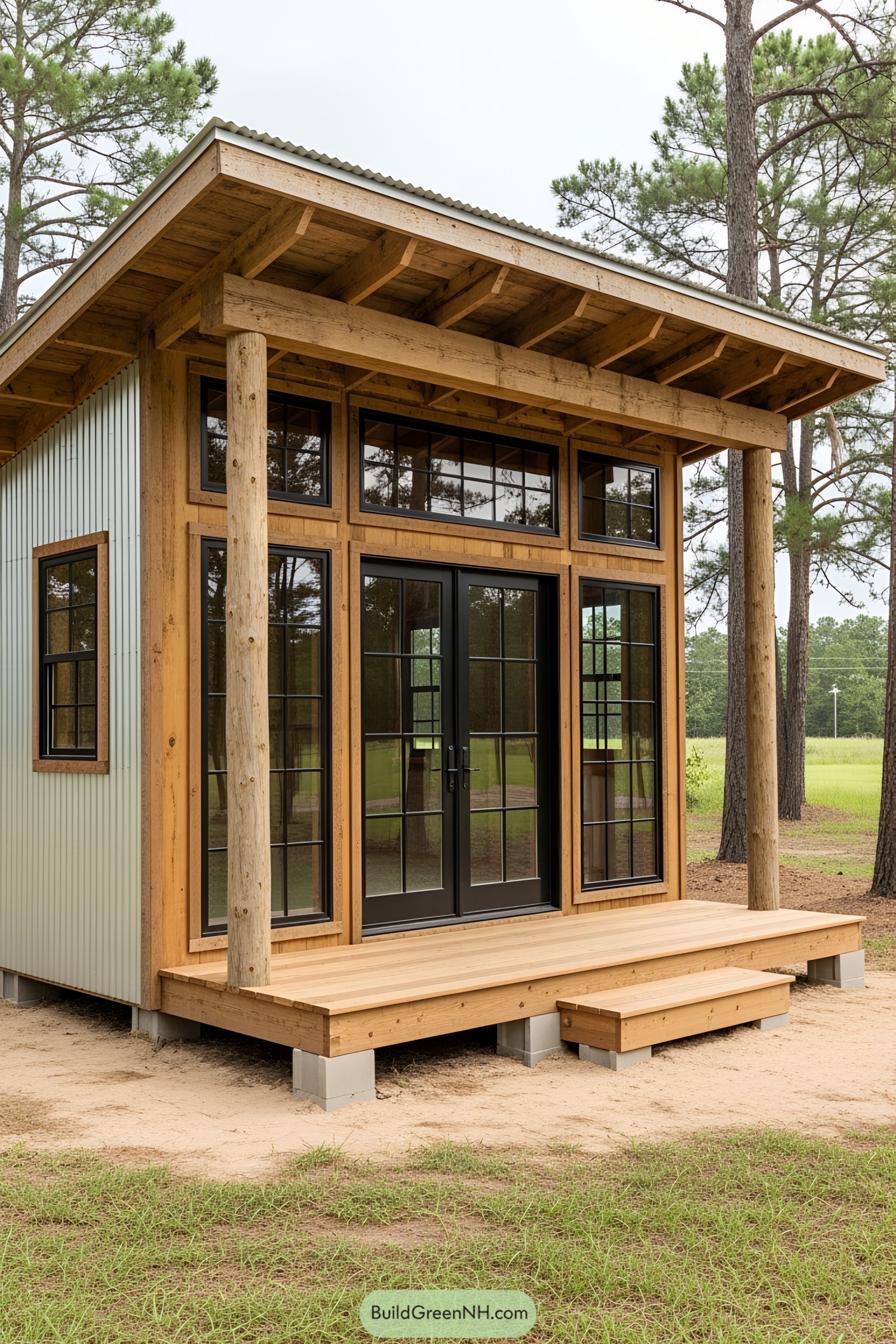 Small wooden shed with large glass doors and windows