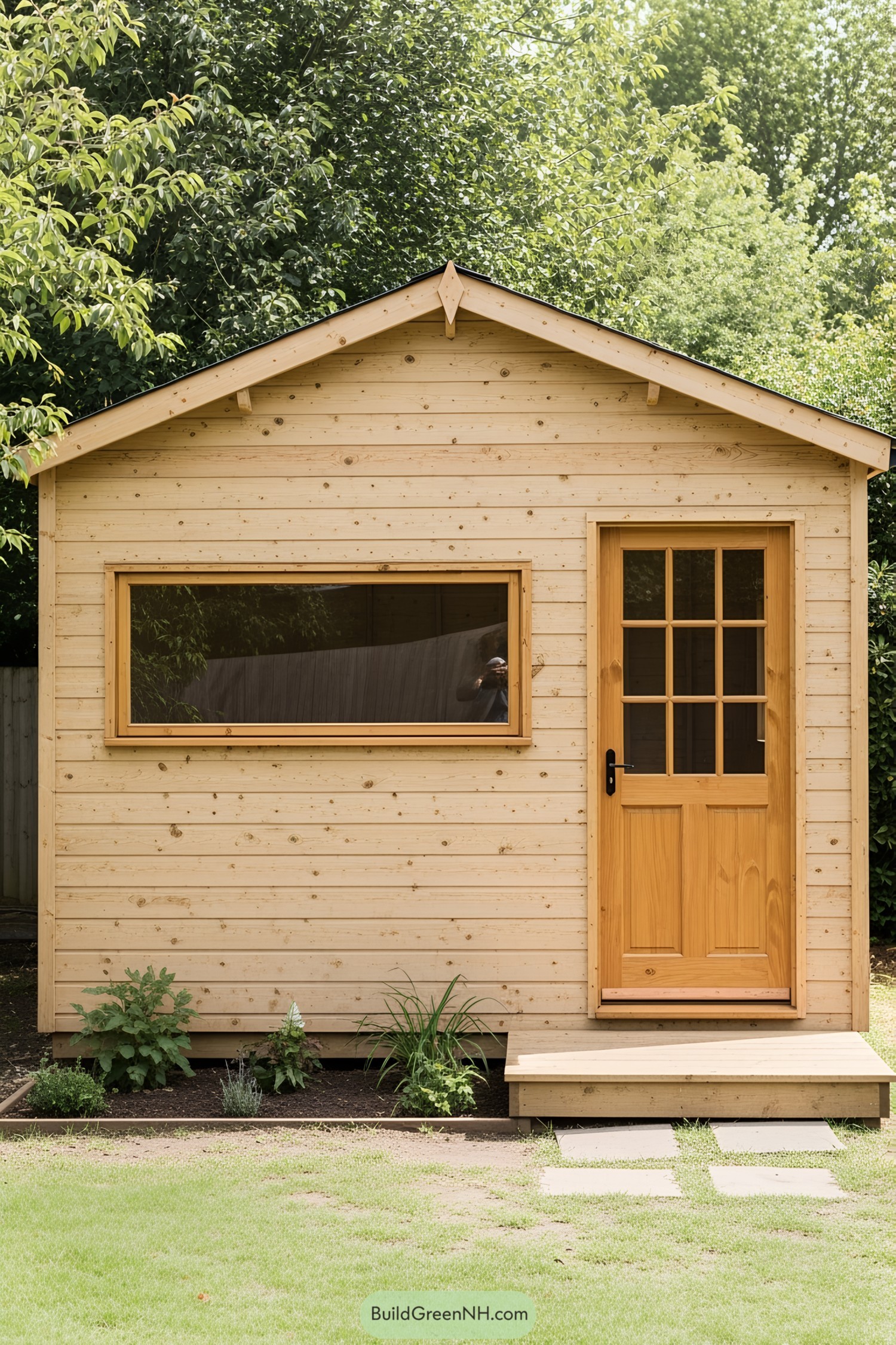 Wooden shed nestled among lush greenery