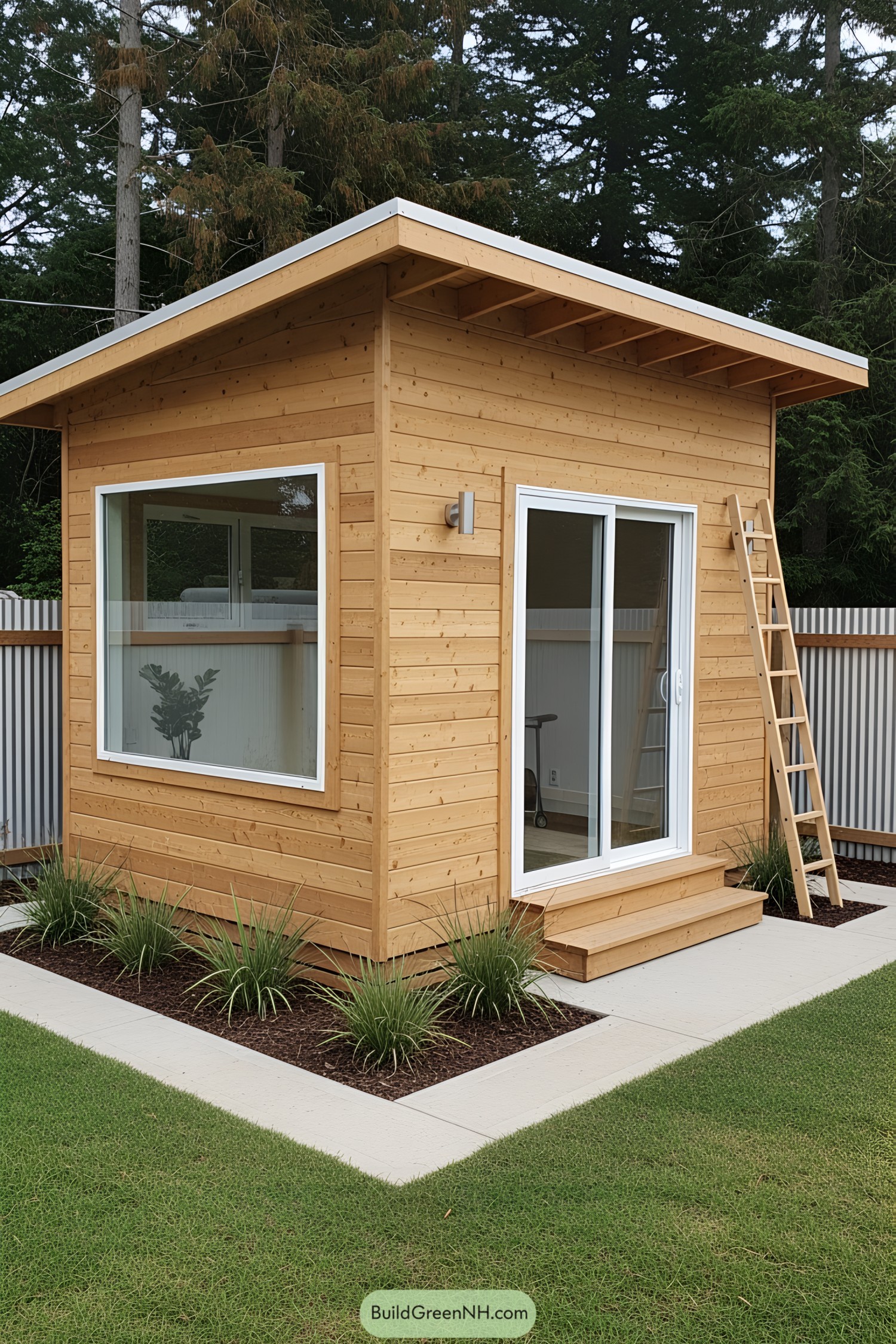 Compact wooden studio in a garden setting