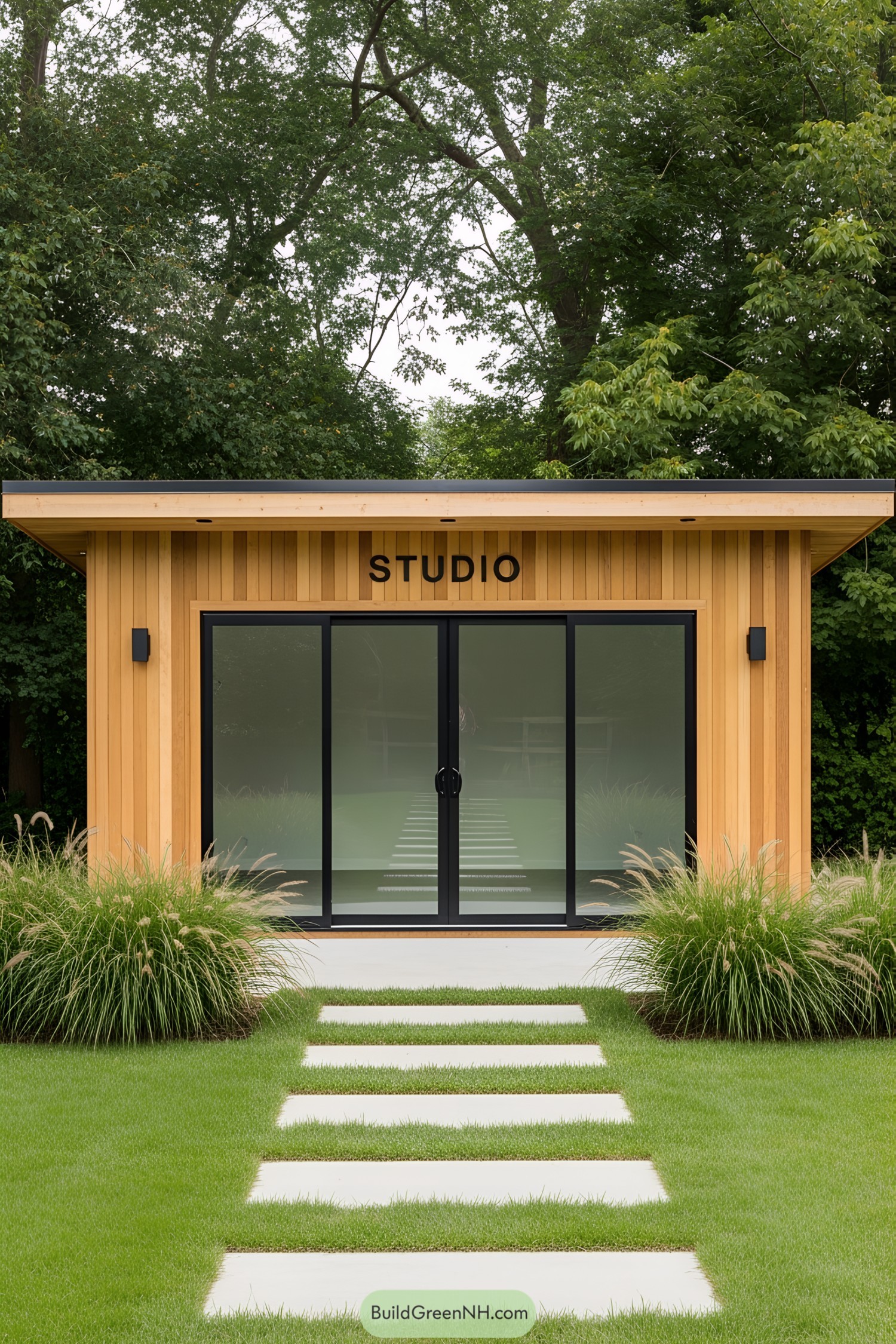 Compact, modern studio nestled in greenery