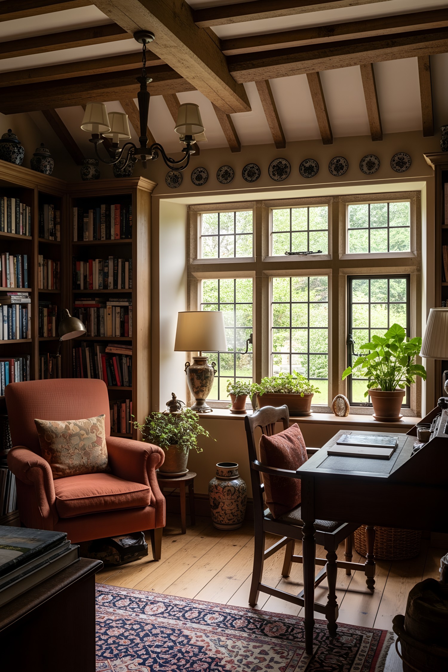 Cozy reading nook with armchair and plants by the window