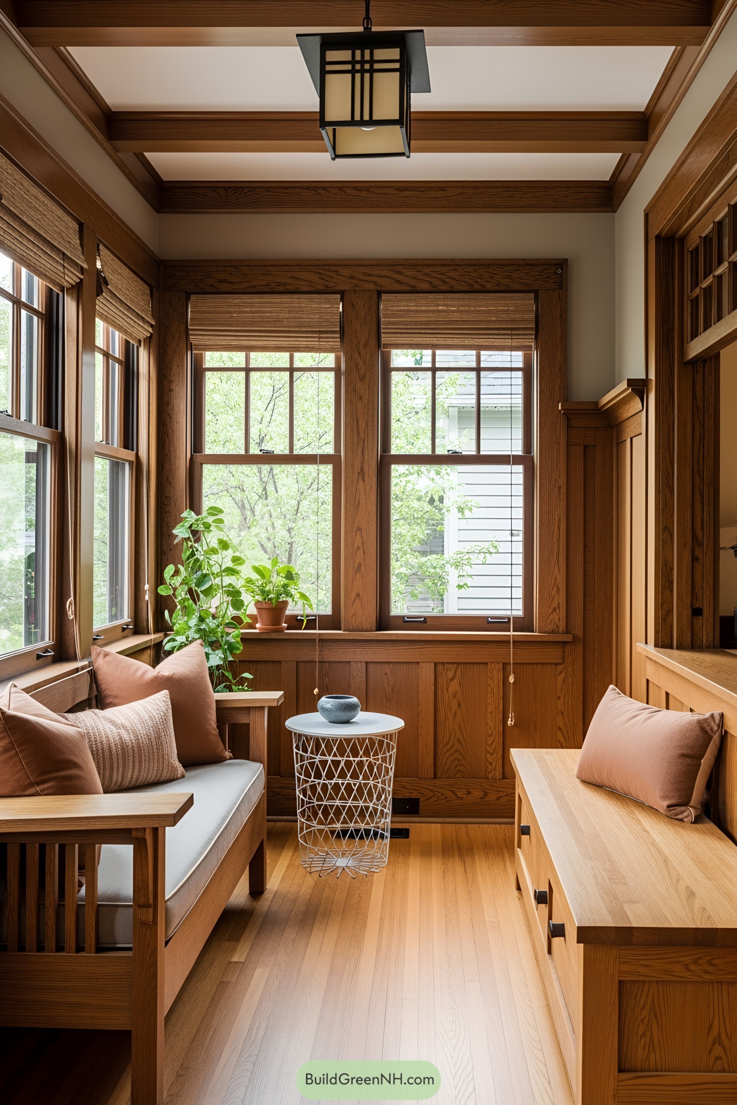 Cozy nook with wooden interiors and large windows